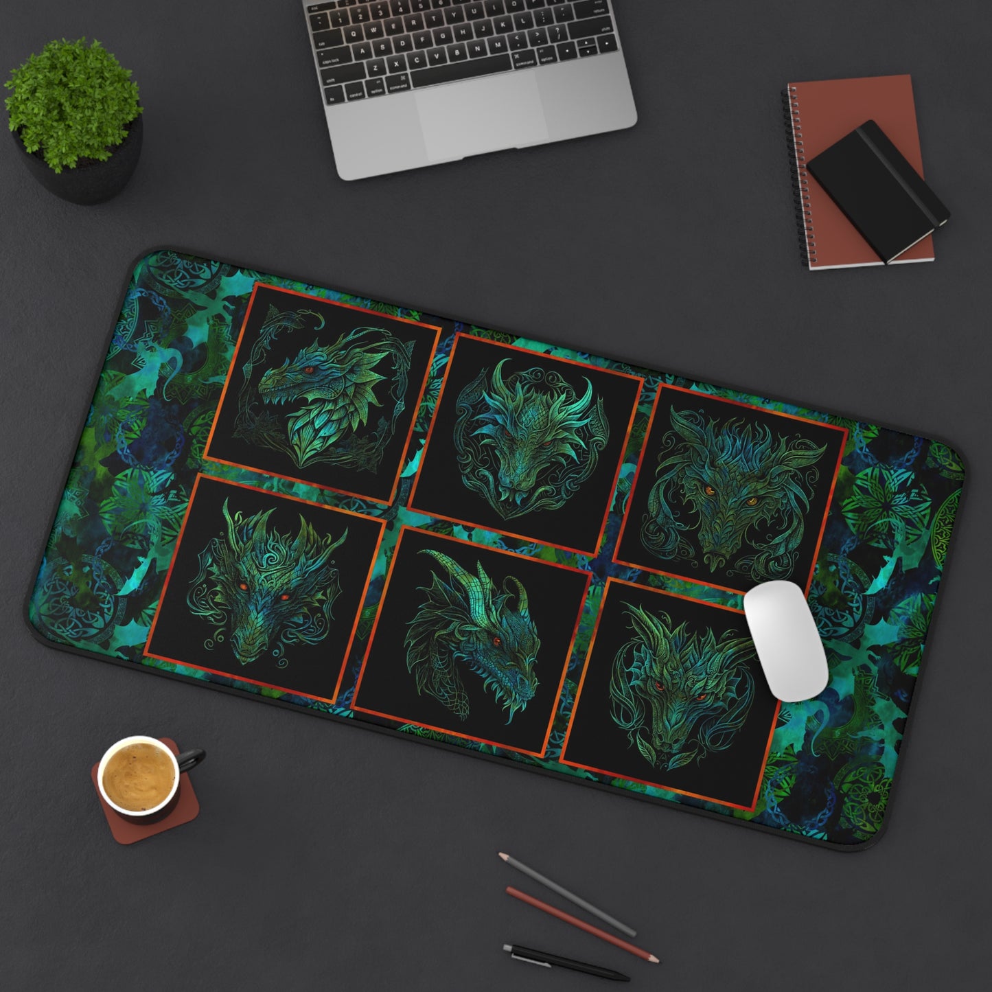 Desk Mat (23x13):  Emerald Dragons [Dragon Heads]