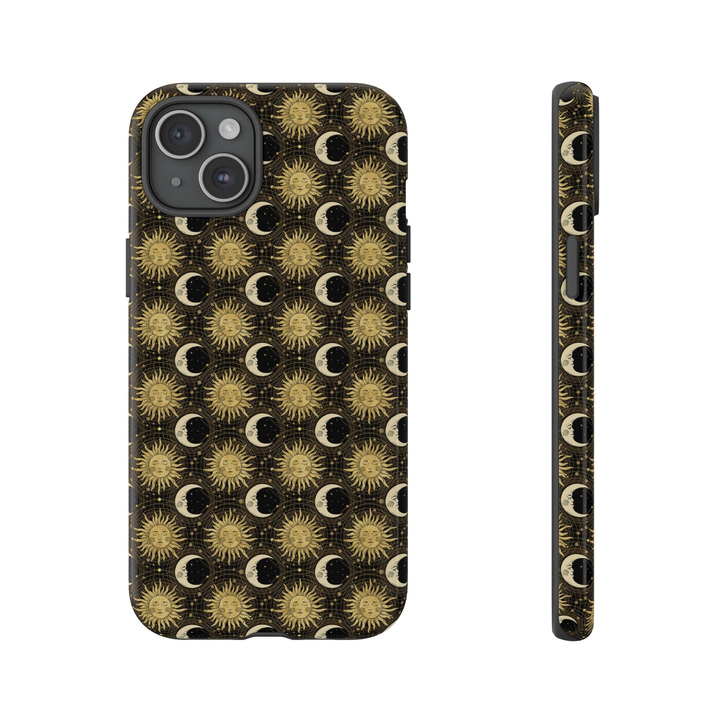 Apple I-Phone 15 (Series) Tough Case-Phone Case:  The Sun, The Moon, And The Stars [Gold Suns, Smiling Moons]
