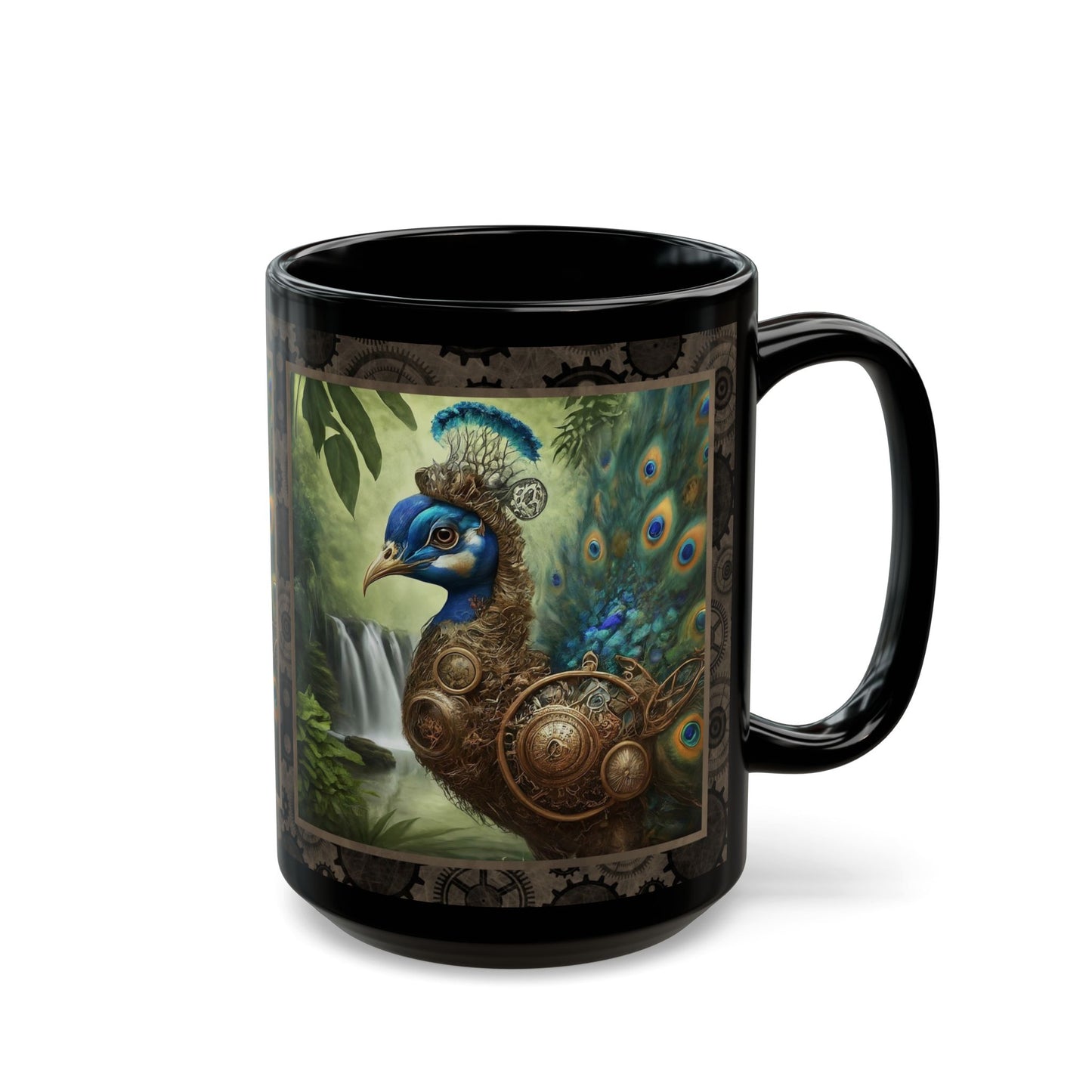 Black Mug-15oz:  "Steampunk Peacock " Panel