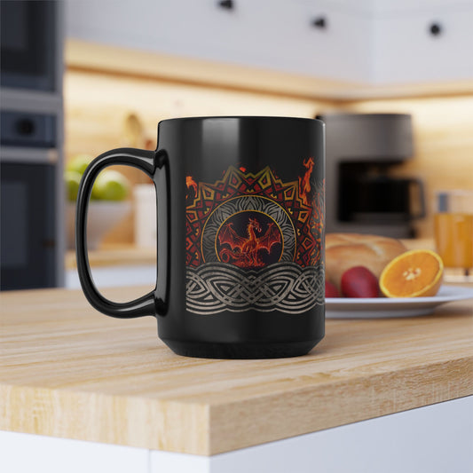 Black Mug-15oz:  "Red Dragons" Border