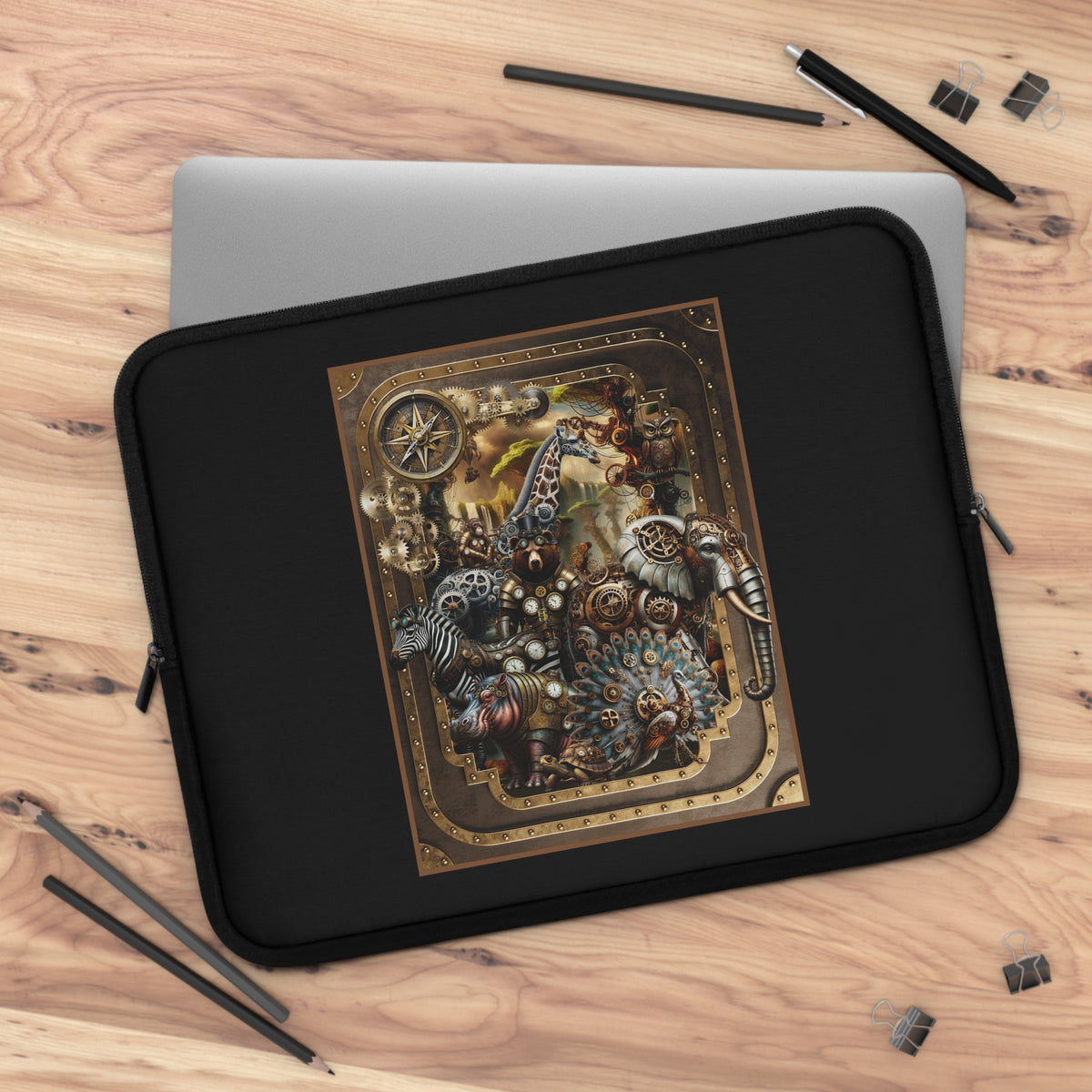 Laptop Sleeve (Sizes: &nbsp;13", 15", 17"):  Steampunk Menagerie [Animals-Panel]