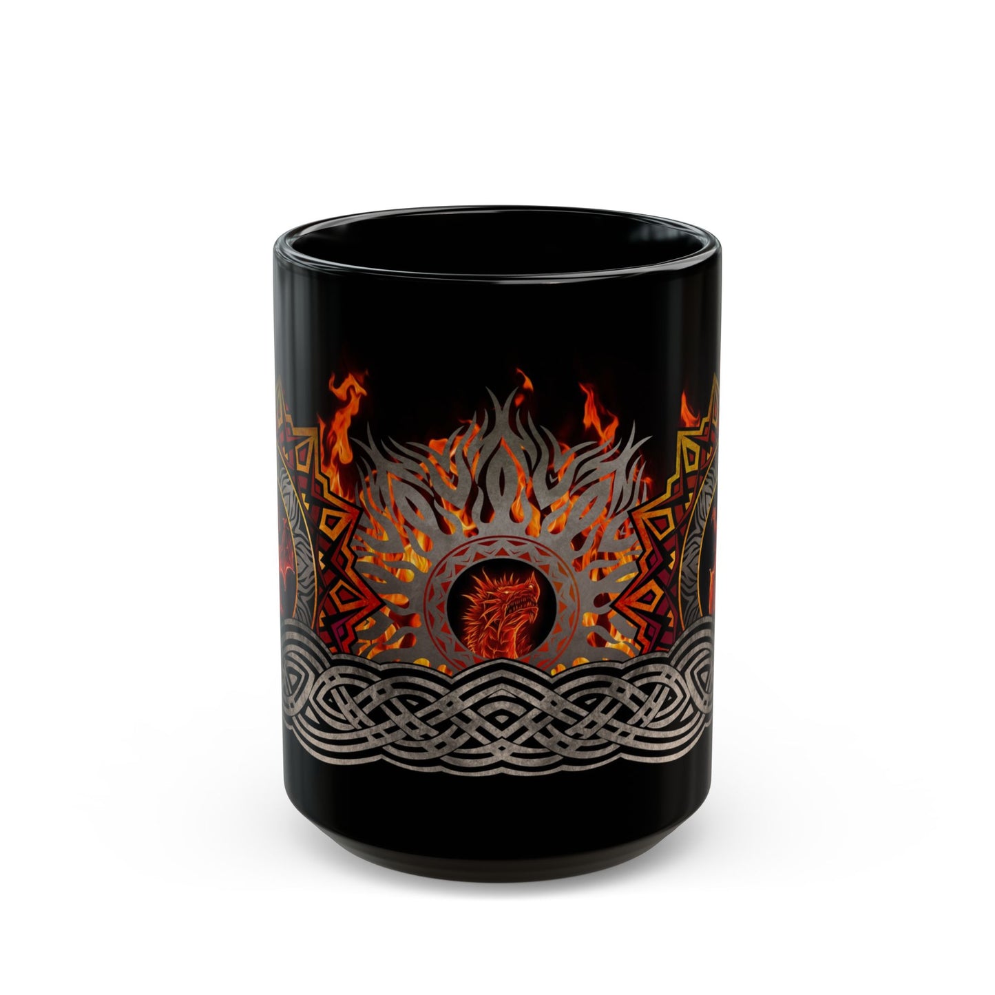 Black Mug-15oz:  "Red Dragons" Border