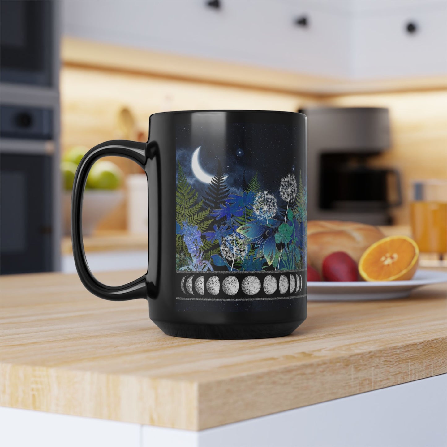 La Luna Moon Phase Floral Mug — Blue Botanical & Butterfly 11oz/15oz