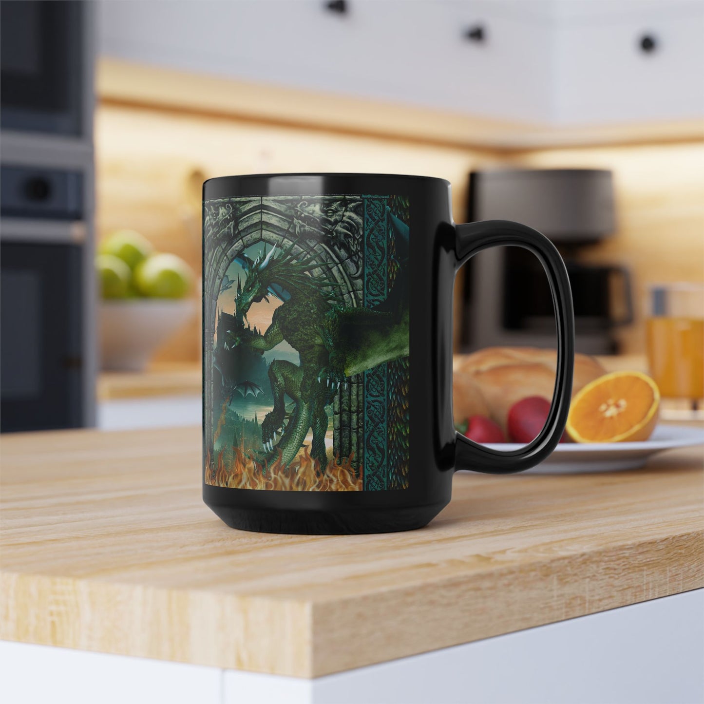 Black Mug-15oz:  "Emerald Dragons" Panel
