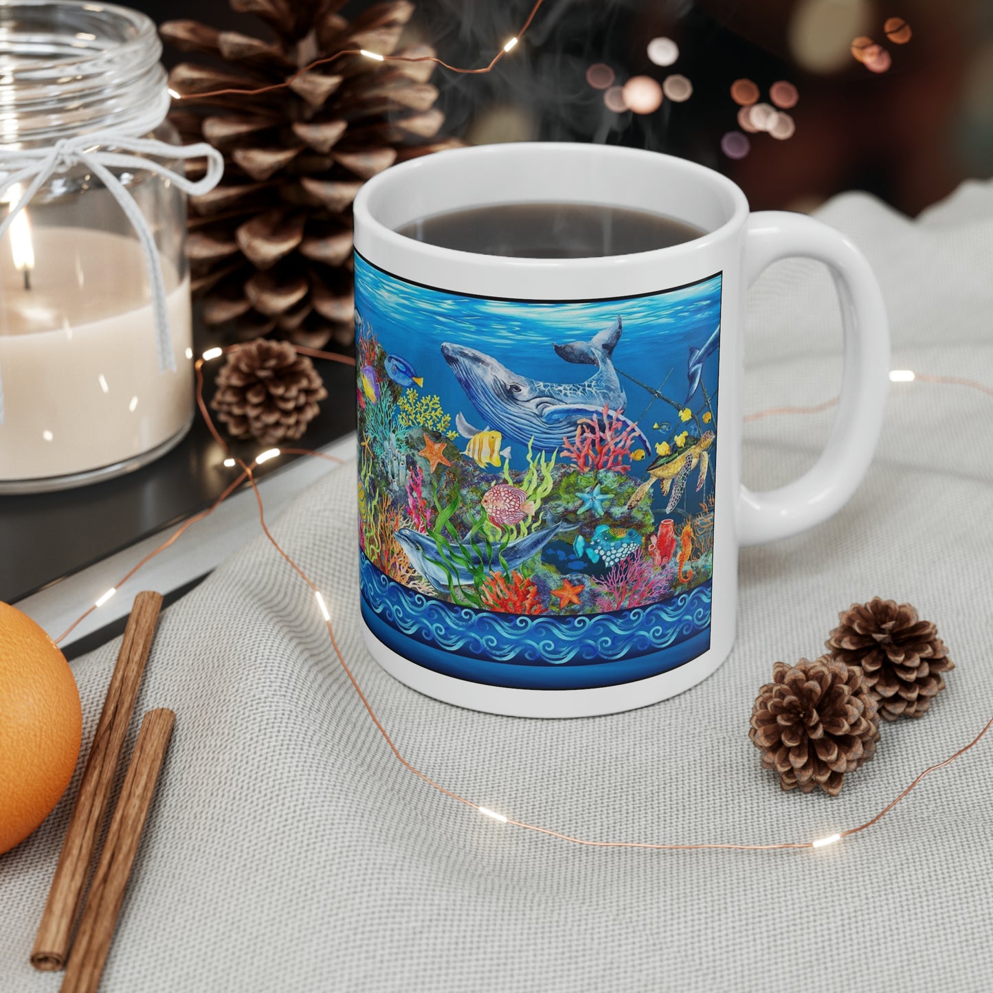 Ceramic Mug:  White; "Calypso" [Sea Life Panel]