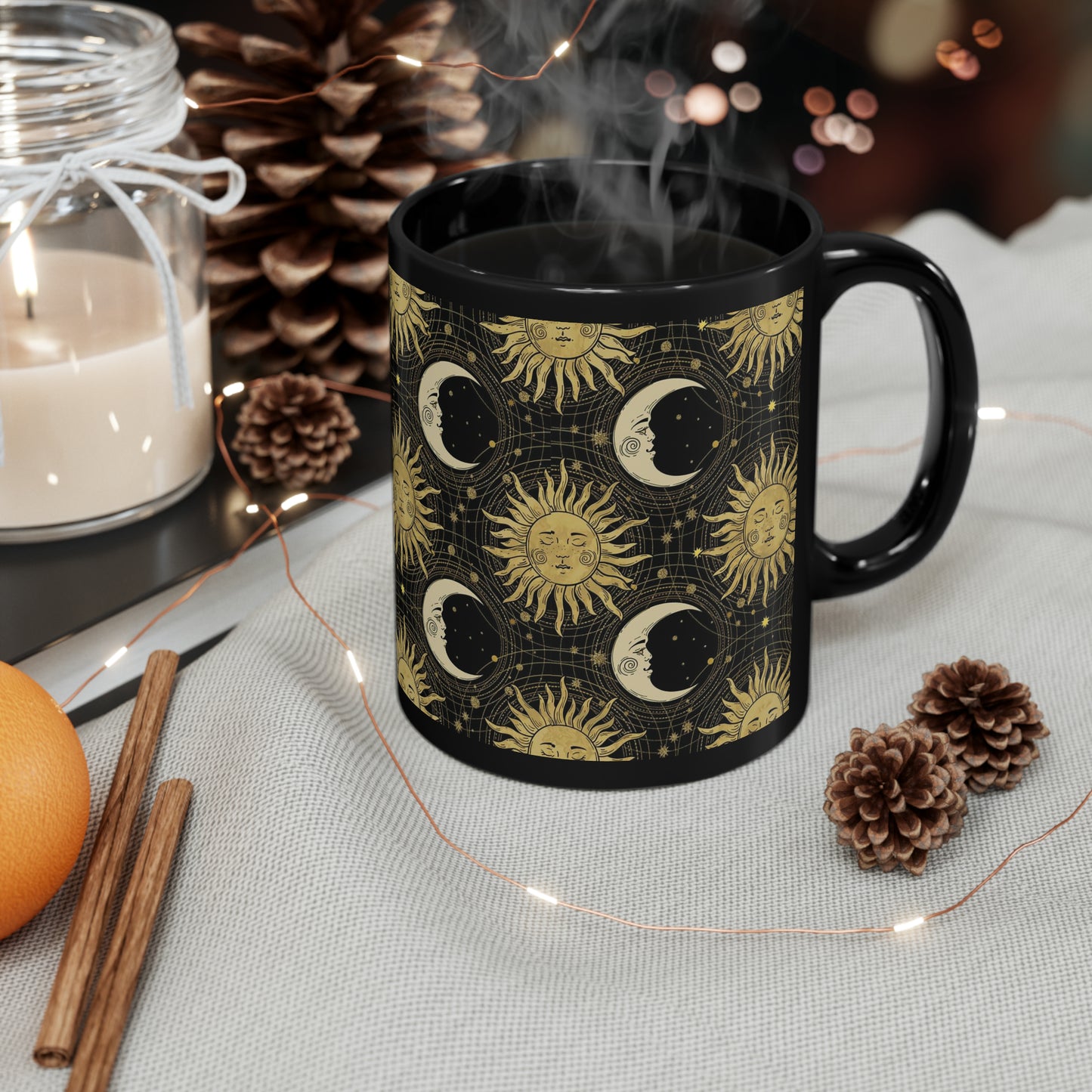 Ceramic Mug:  Black;  "The Sun, The Moon, And The Stars" [Sun and Moon-Gold]