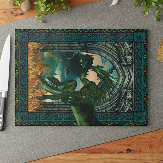 Glass Cutting Board (11"x15"):  Emerald Dragons [Panel]