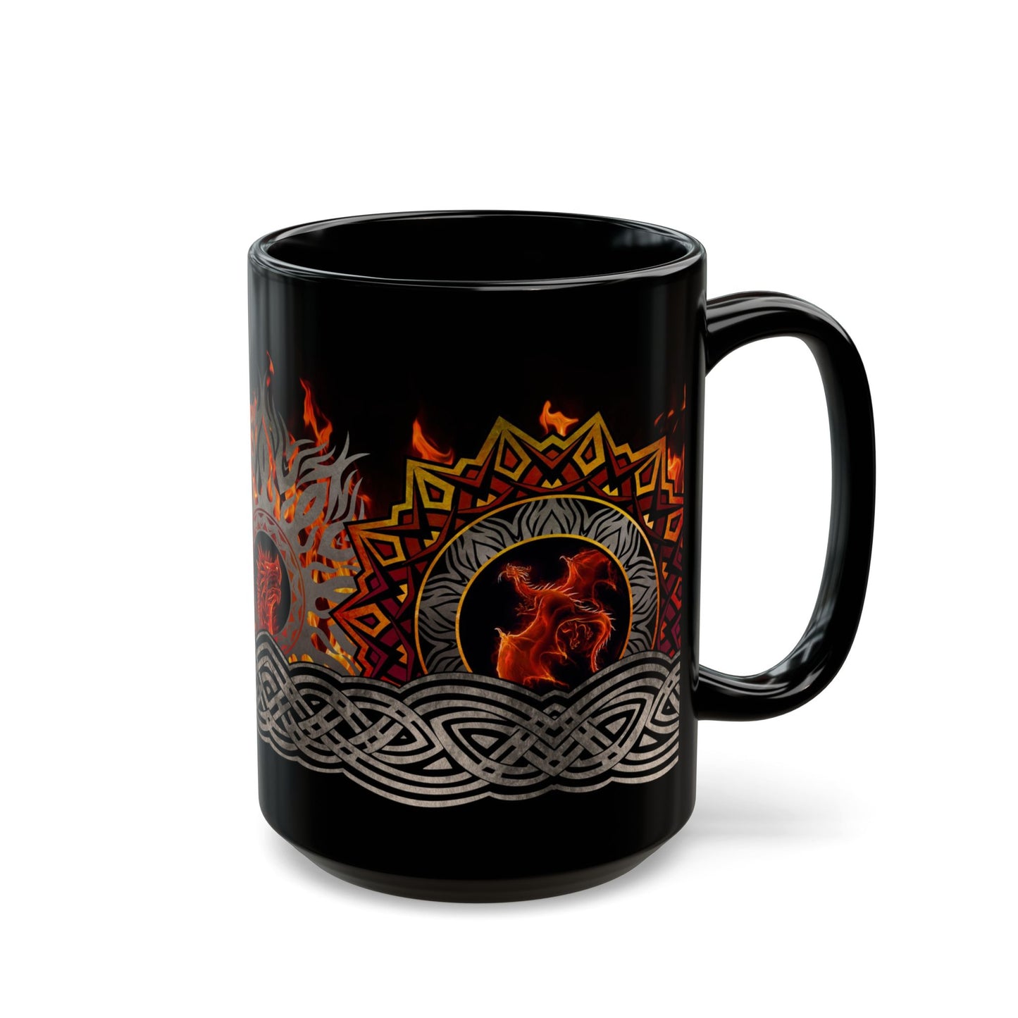 Black Mug-15oz:  "Red Dragons" Border