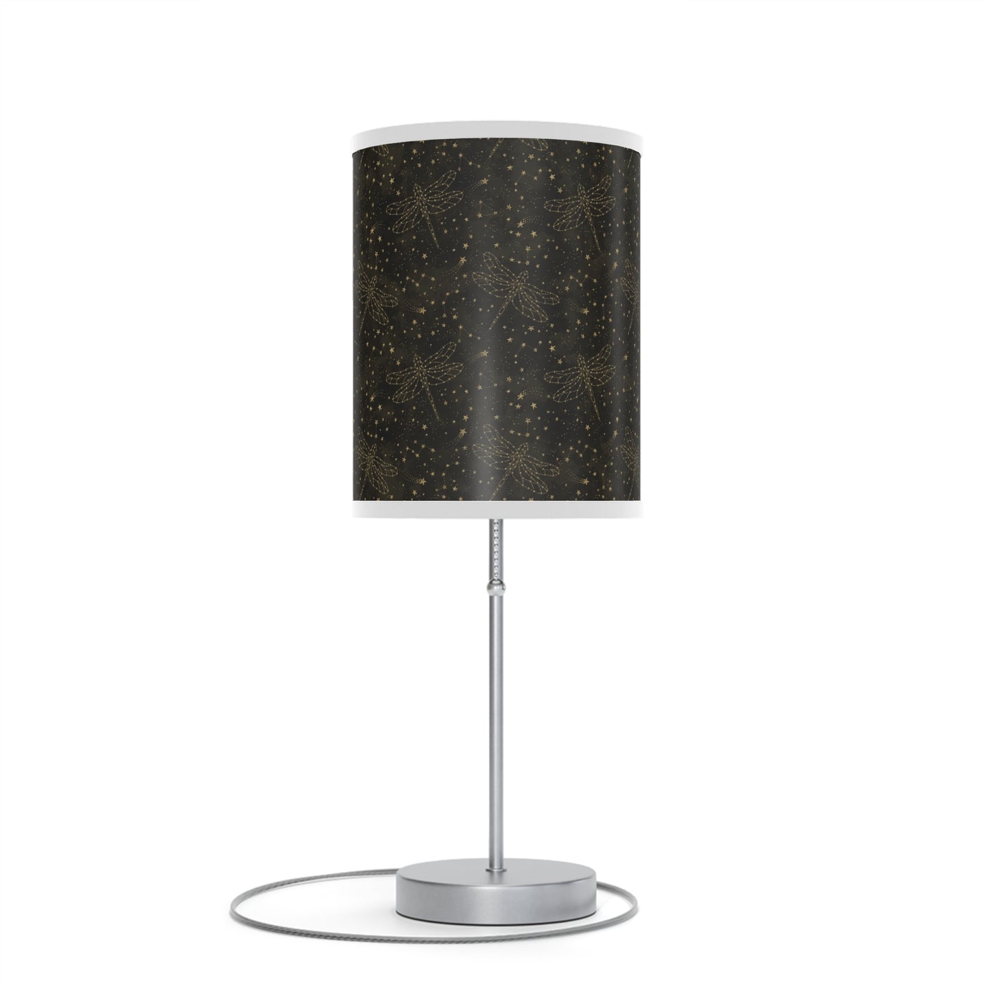 Table Lamp: Silver W/Black Trim; The Sun, The Moon, and The Stars [Gold Sparkle Dragonflies]