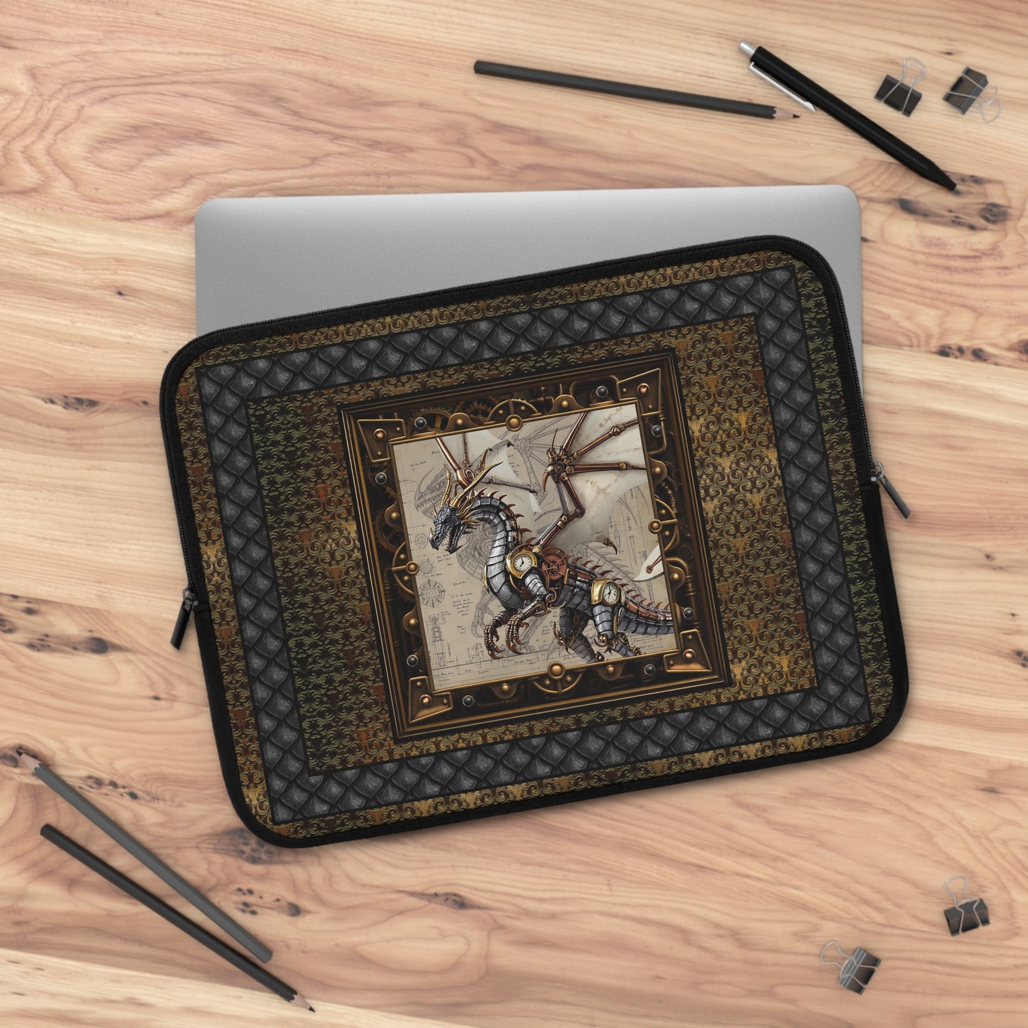 Laptop Sleeve (Sizes:  13", 15", 17"):  Steampunk Dragons [Dragon Clock Wings]
