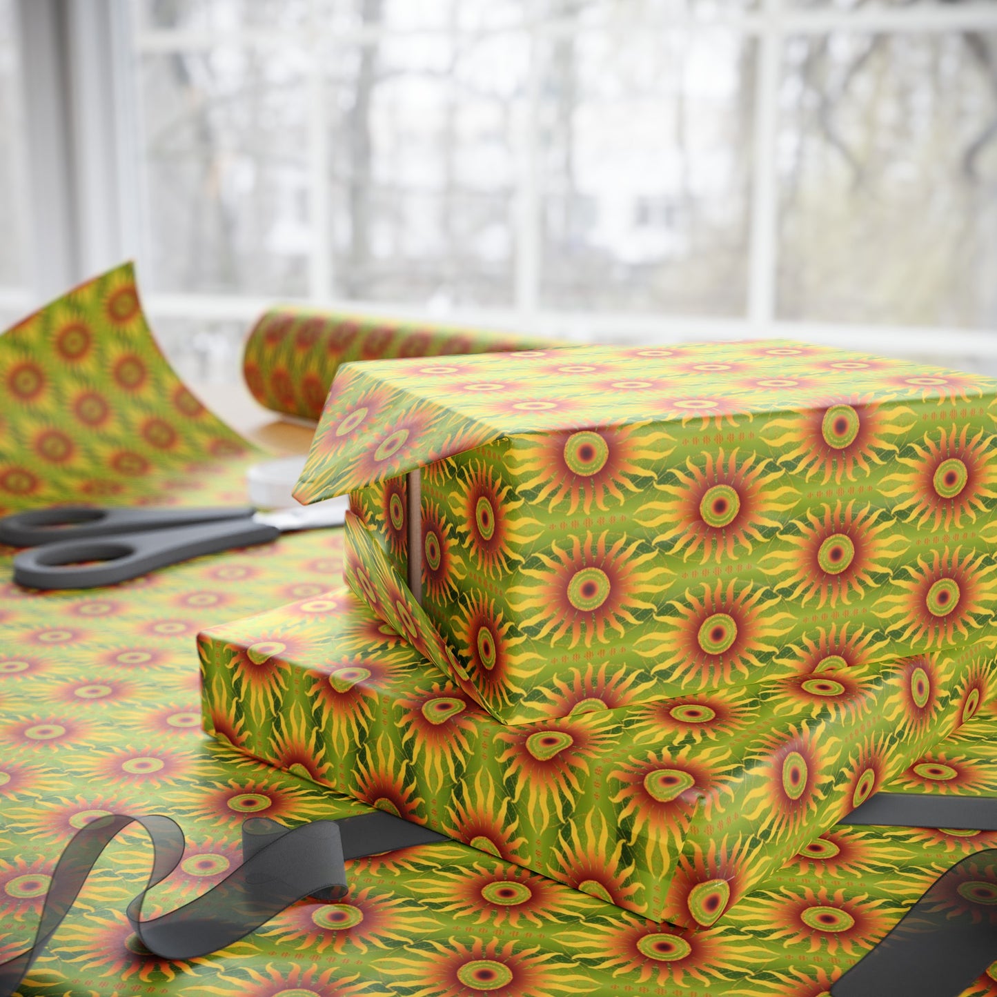 Wrapping Paper:  Celestial [Crimson/Lime Sunbursts]