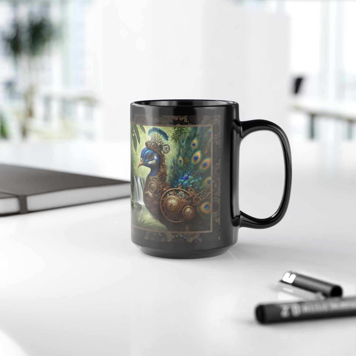 Black Mug-15oz:  "Steampunk Peacock " Panel