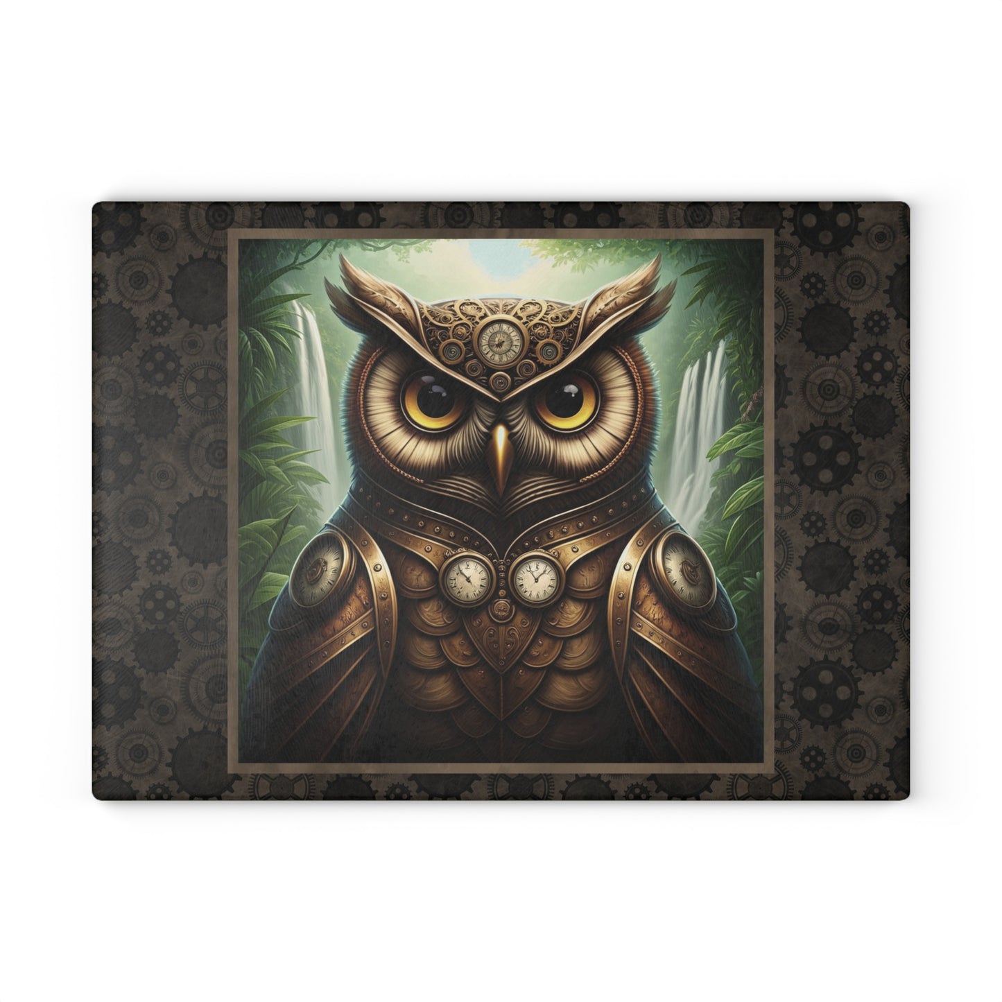 Glass Cutting Board (11"x15"):  Steampunk Animals [Owl]