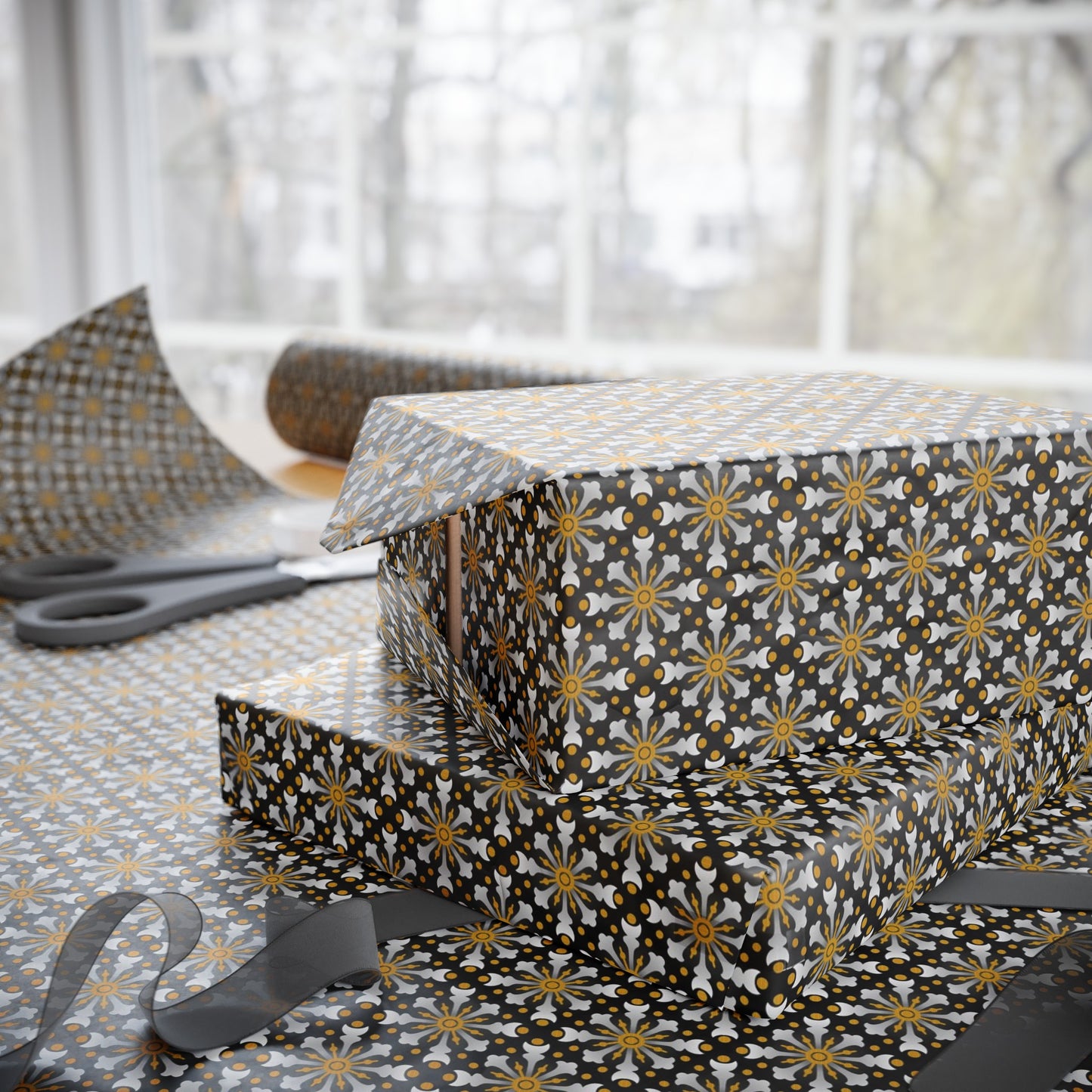 Wrapping Paper:  Celestial [Black/Gold Starbursts]