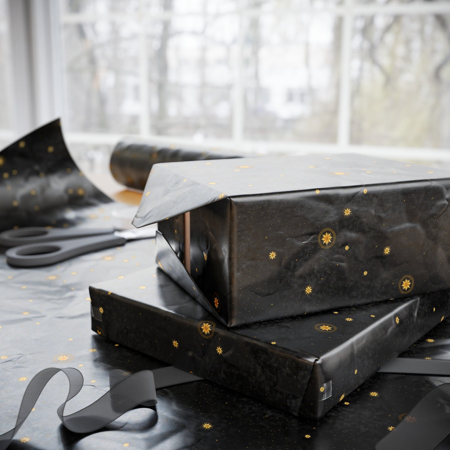 Wrapping Paper:  Celestial [Black Space-Gold Stars]