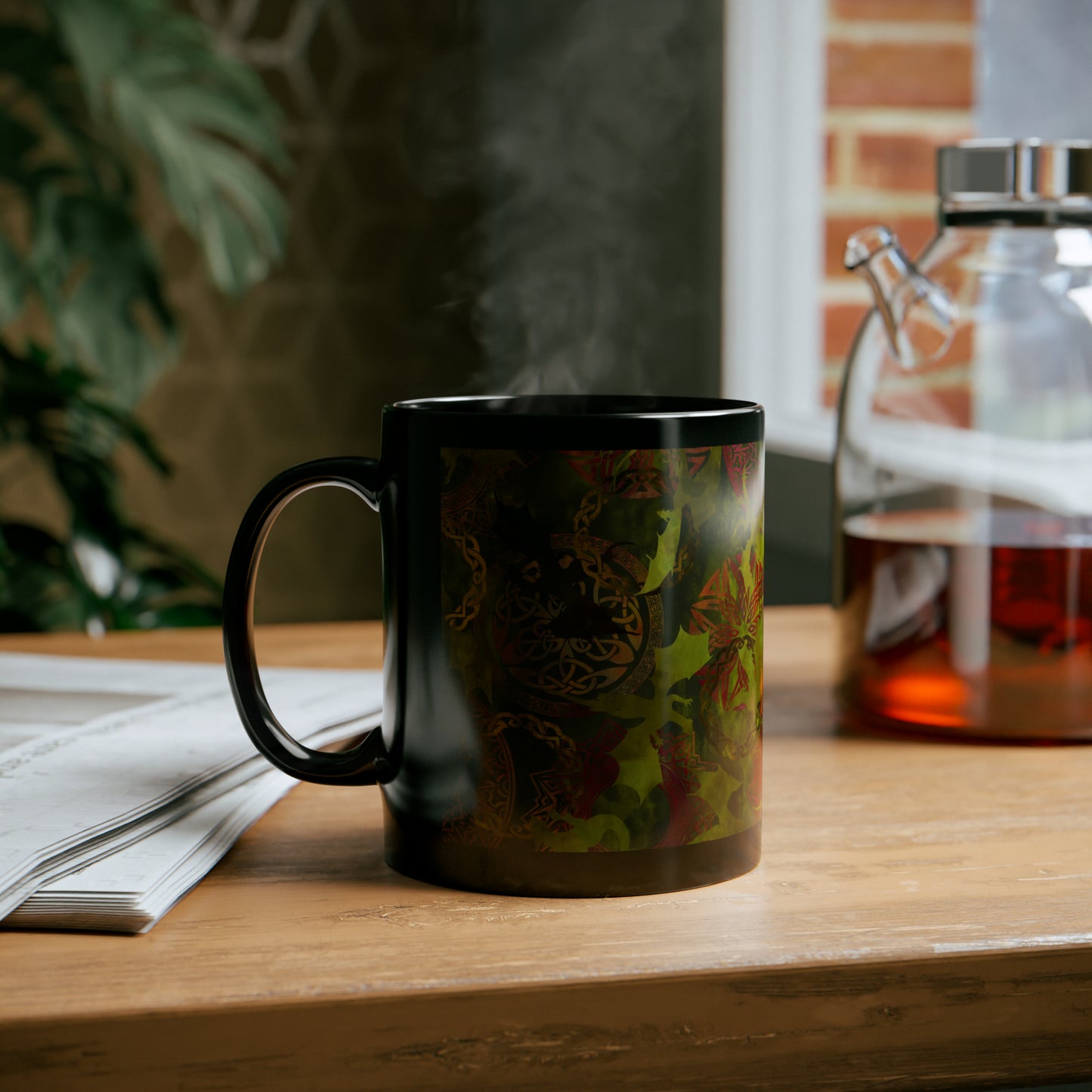 Ceramic Mug:  Black; Dragons [Green Panel]