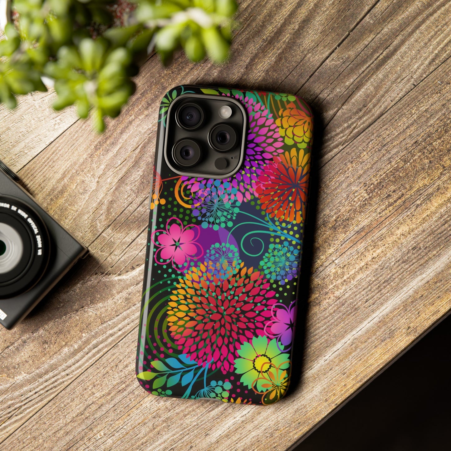 Apple I-Phone 15 Tough Case-Phone Case:  Unusual Garden [Bright Flowers Border]