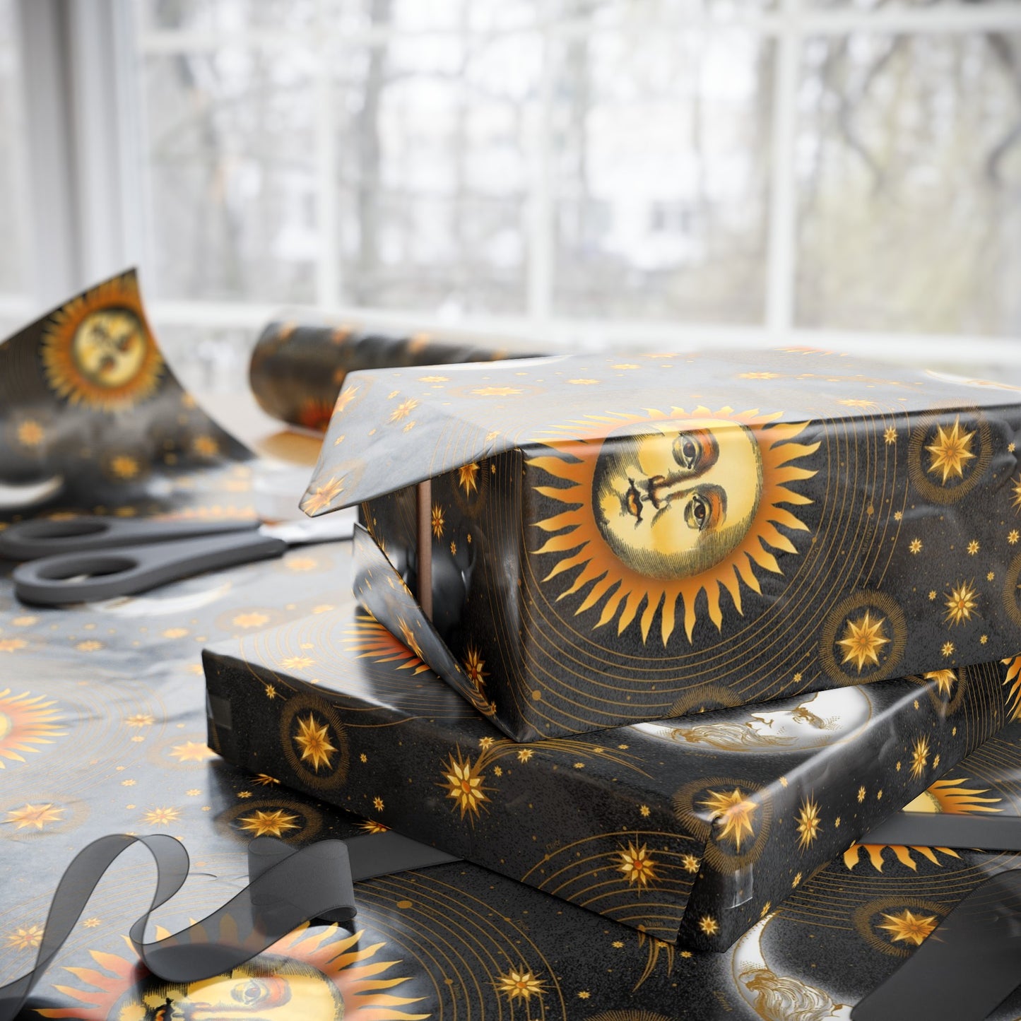 Wrapping Paper:  Celestial [Black-Haze Suns/Moons]