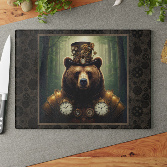 Glass Cutting Board (11"x15"):   Steampunk Animales [Bear]