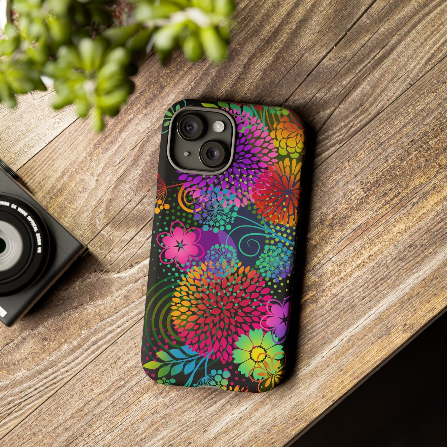Apple I-Phone 15 Tough Case-Phone Case:  Unusual Garden [Bright Flowers Border]