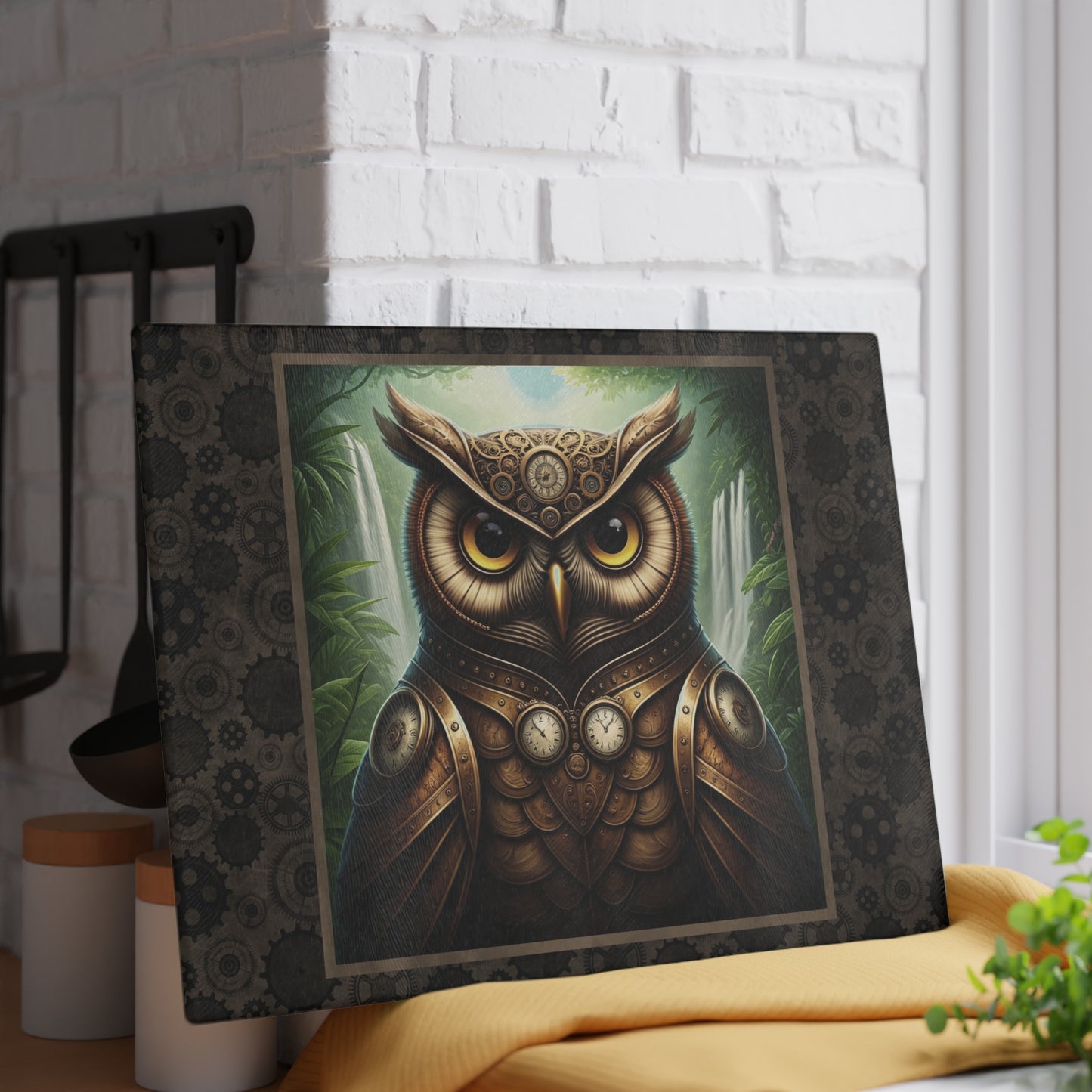 Glass Cutting Board (11"x15"):  Steampunk Animals [Owl]