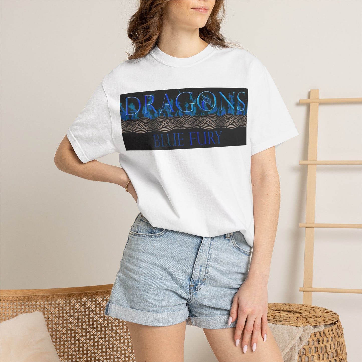 Unisex Heavy Cotton Tee:  "Dragons" [Blue Fury-Banner/Panel]