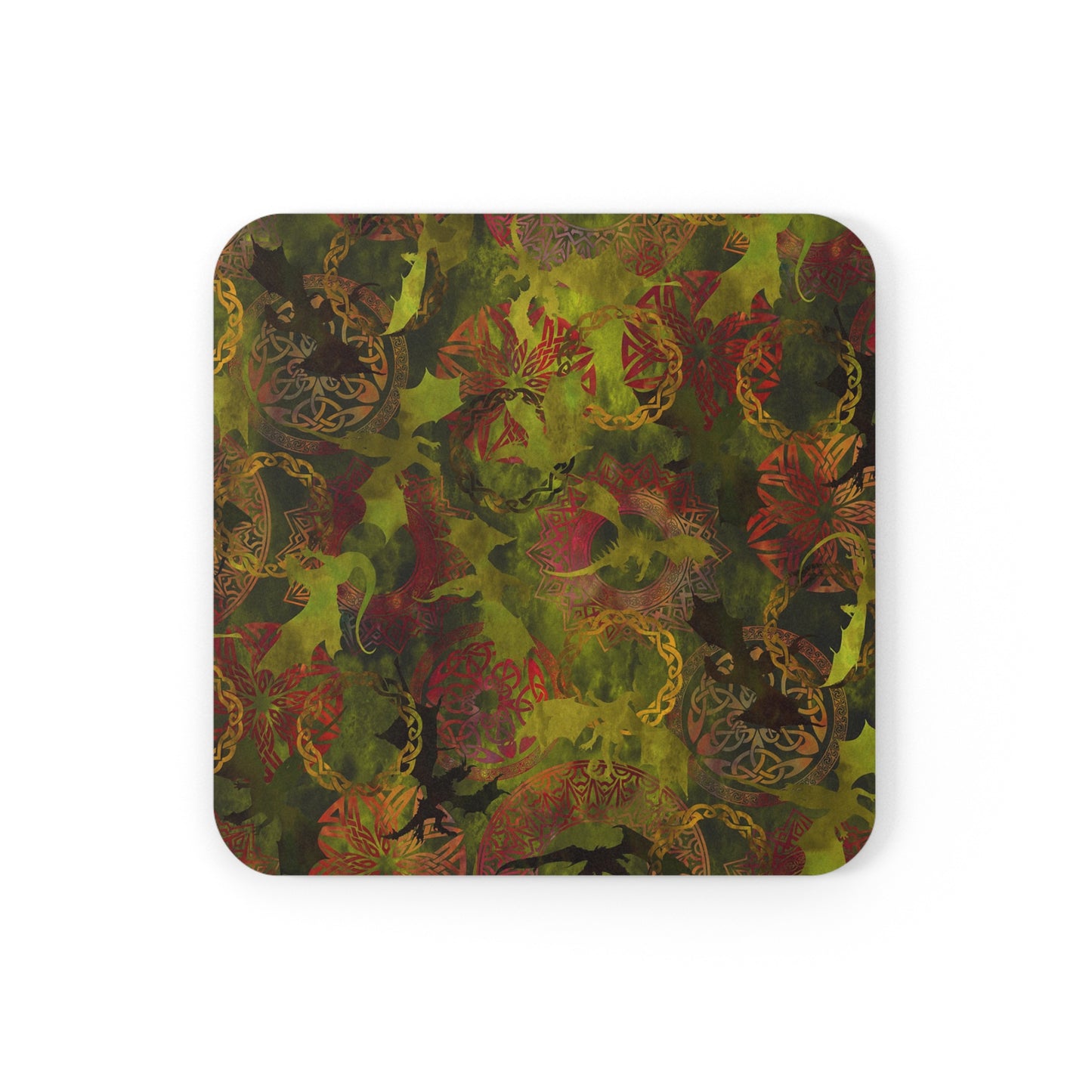 Coaster Set; Cork Backed:  Dragons [Green Panel]