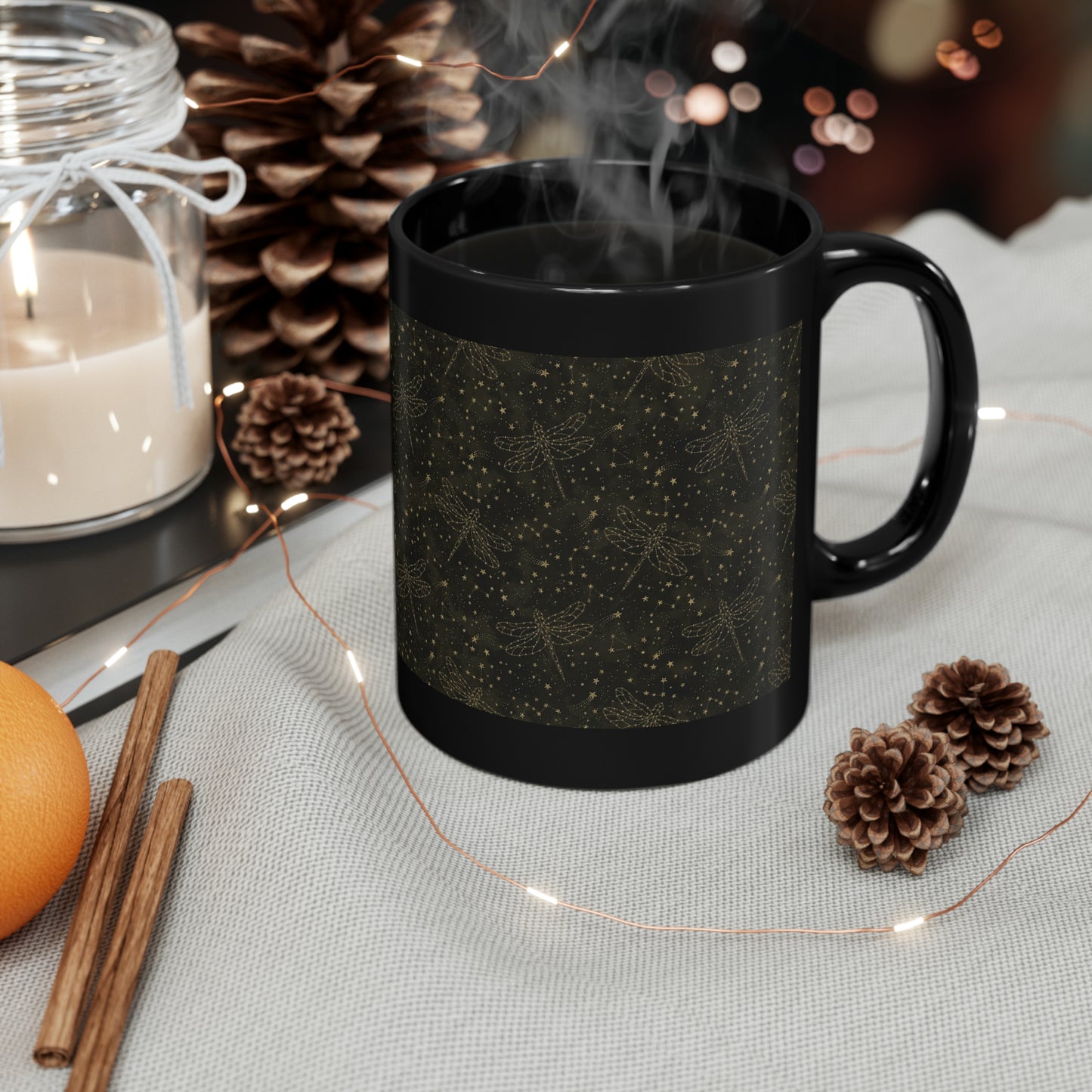 Ceramic Mug:&nbsp; Black;&nbsp; The Sun, The Moon, And The Stars [Dragonflies]