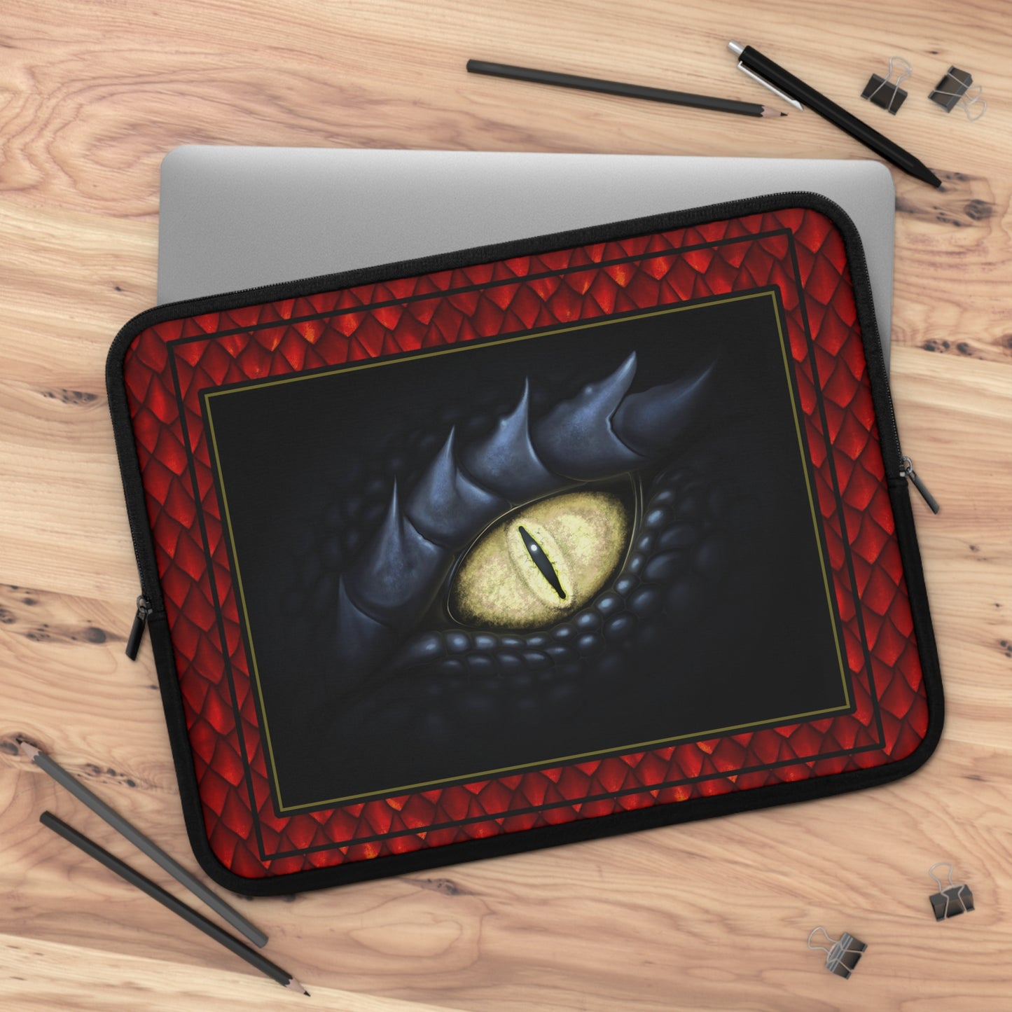 Laptop Sleeve  (Sizes:  13", 15", 17") [Dragons:  Green Scales-Black Eye w/Orange] - From In the Beginning Fabrics.