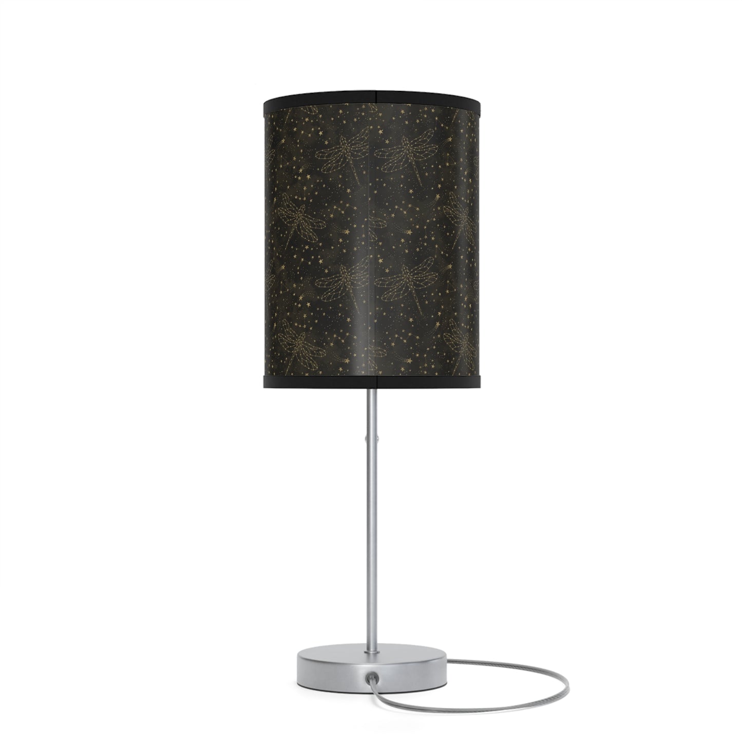Table Lamp: Silver W/Black Trim; The Sun, The Moon, and The Stars [Gold Sparkle Dragonflies]