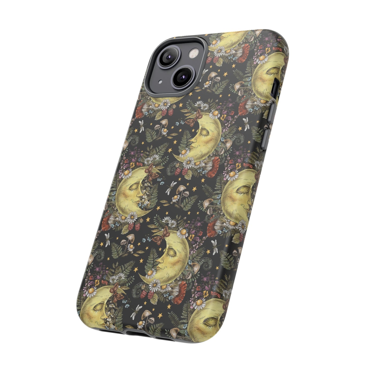 Apple I-Phone 14 Tough Case-Phone Case: The Sun, The Moon, And The Stars [Moon With Flowers]