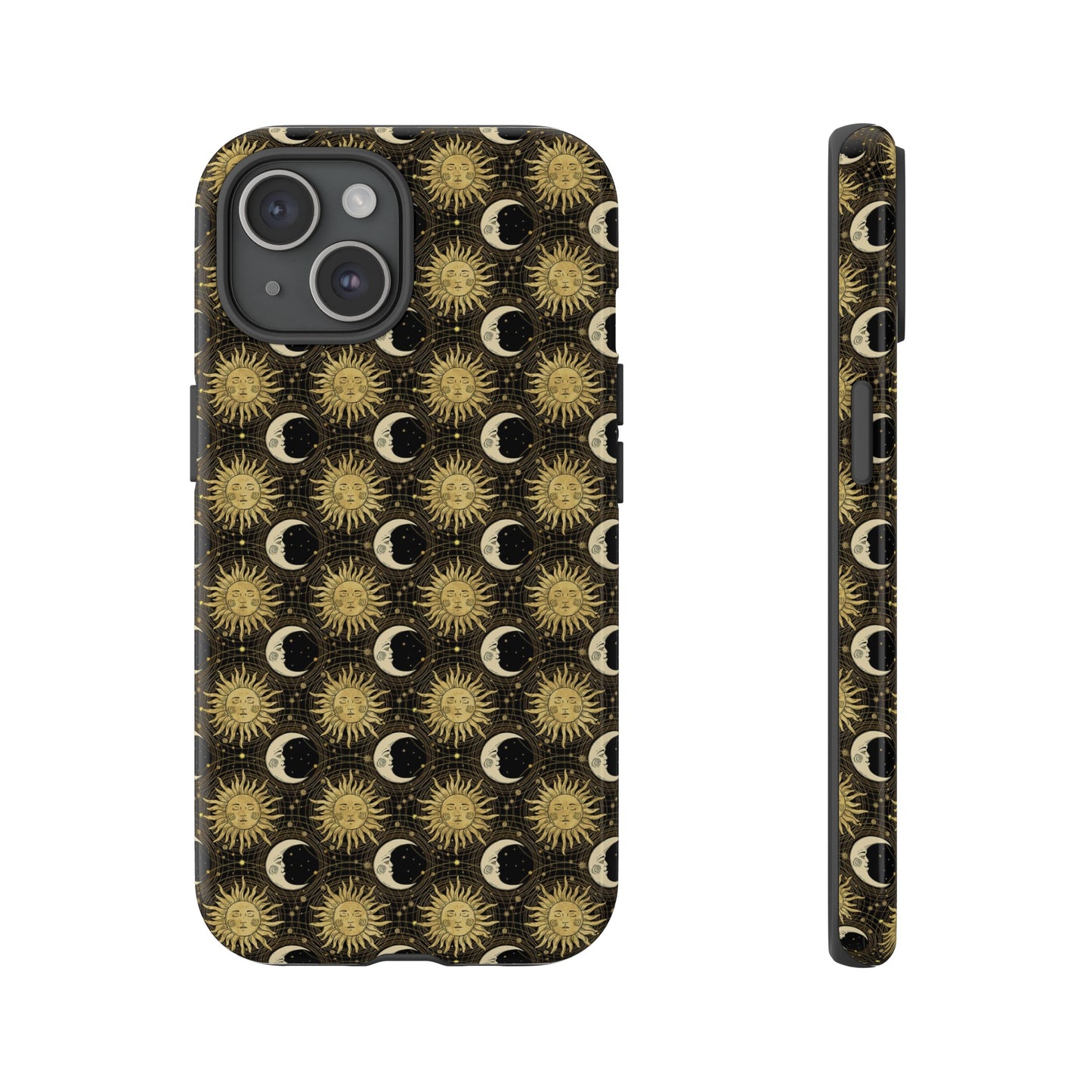 Apple I-Phone 15 (Series) Tough Case-Phone Case:  The Sun, The Moon, And The Stars [Gold Suns, Smiling Moons]