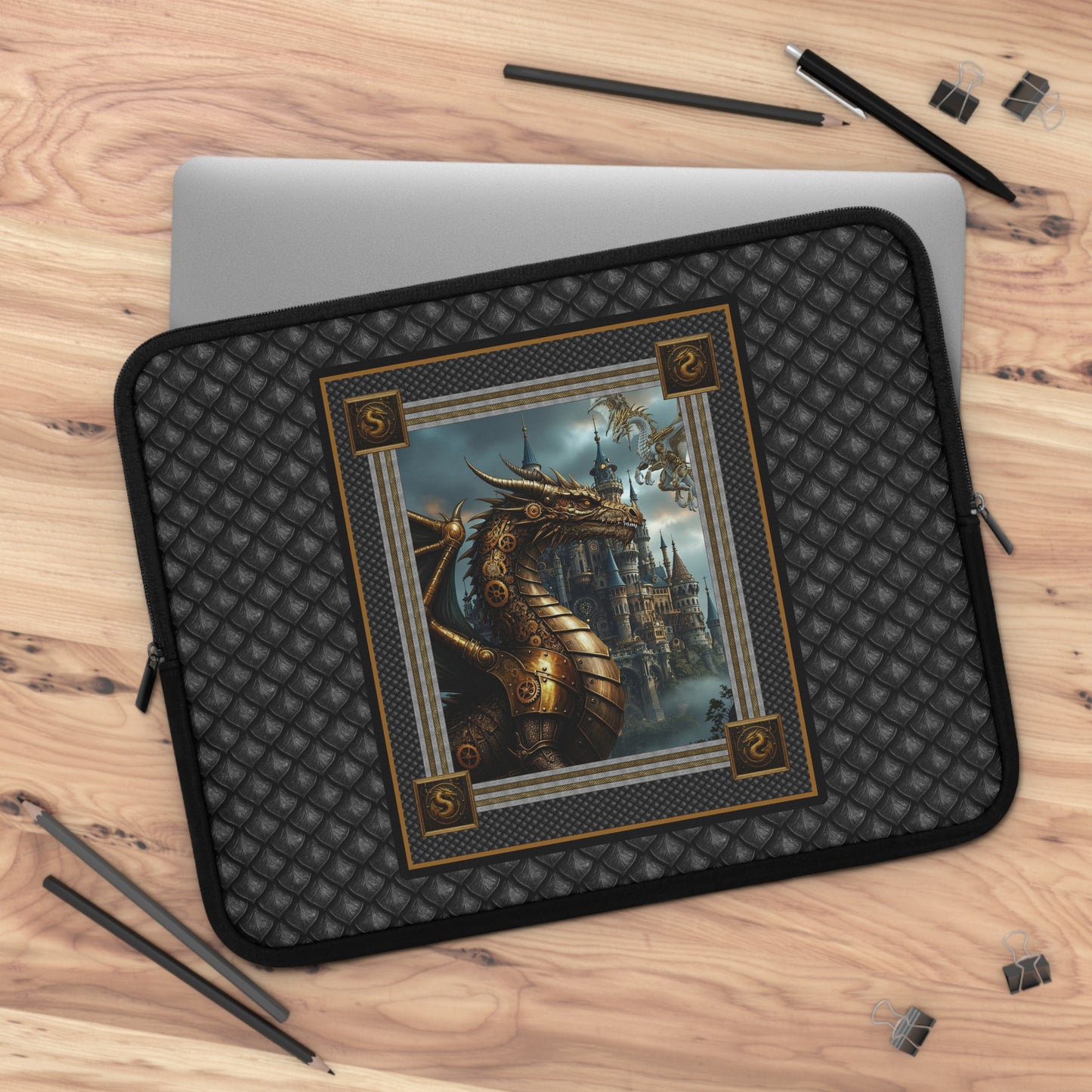 Laptop Sleeve (Sizes: 13", 15", 17"):  Steampunk Dragons [Dragon Panel W/Black Scales]