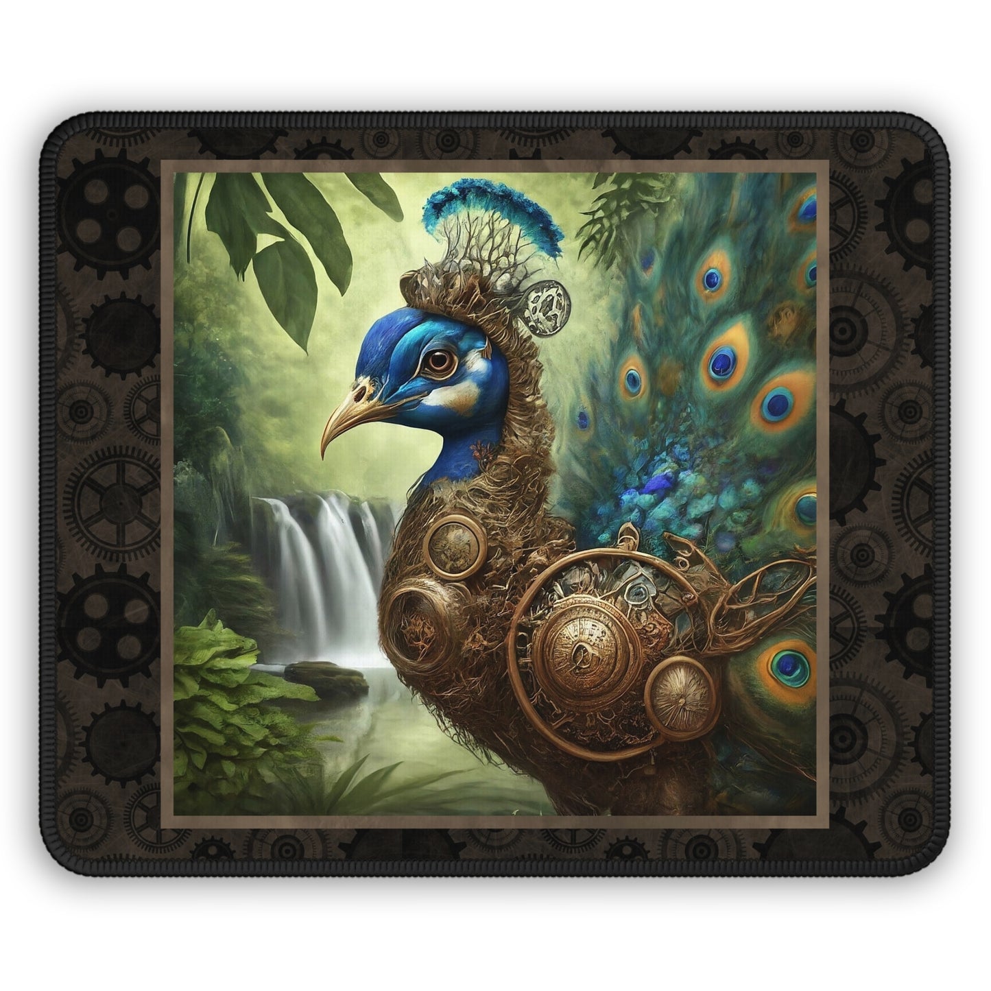 Steampunk Peacock Gaming Mouse Pad — Fantasy Nature Desk Mat