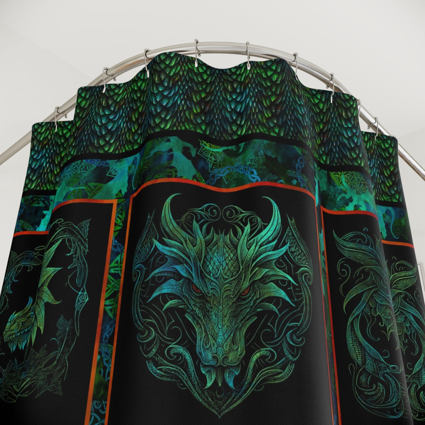 Mystic Green Dragon Shower Curtain — Celtic Fantasy Dragon Panel Bathroom Decor