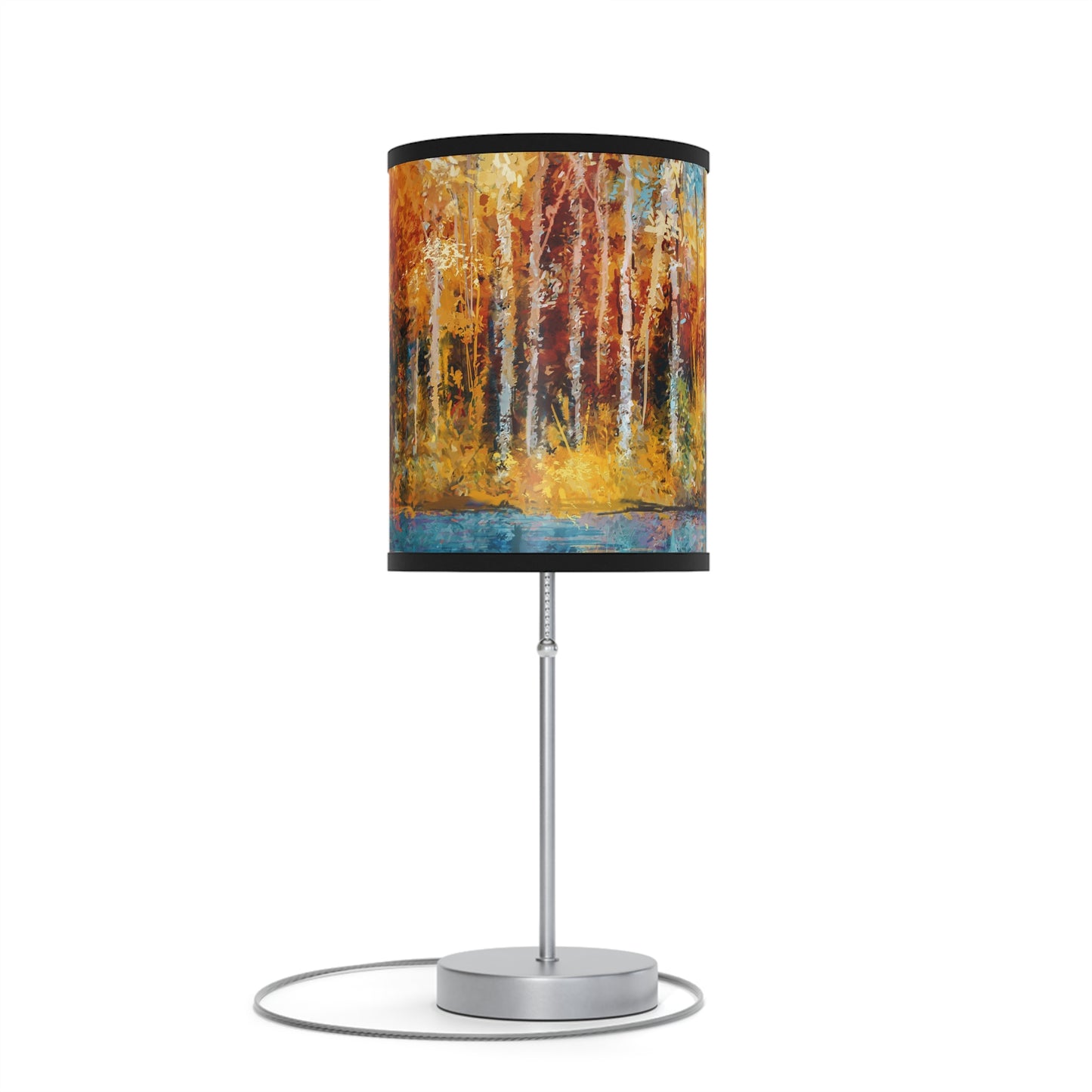 Table Lamp: Silver Base W/Black Trim; The Year of Art-Aspen Trees w/river