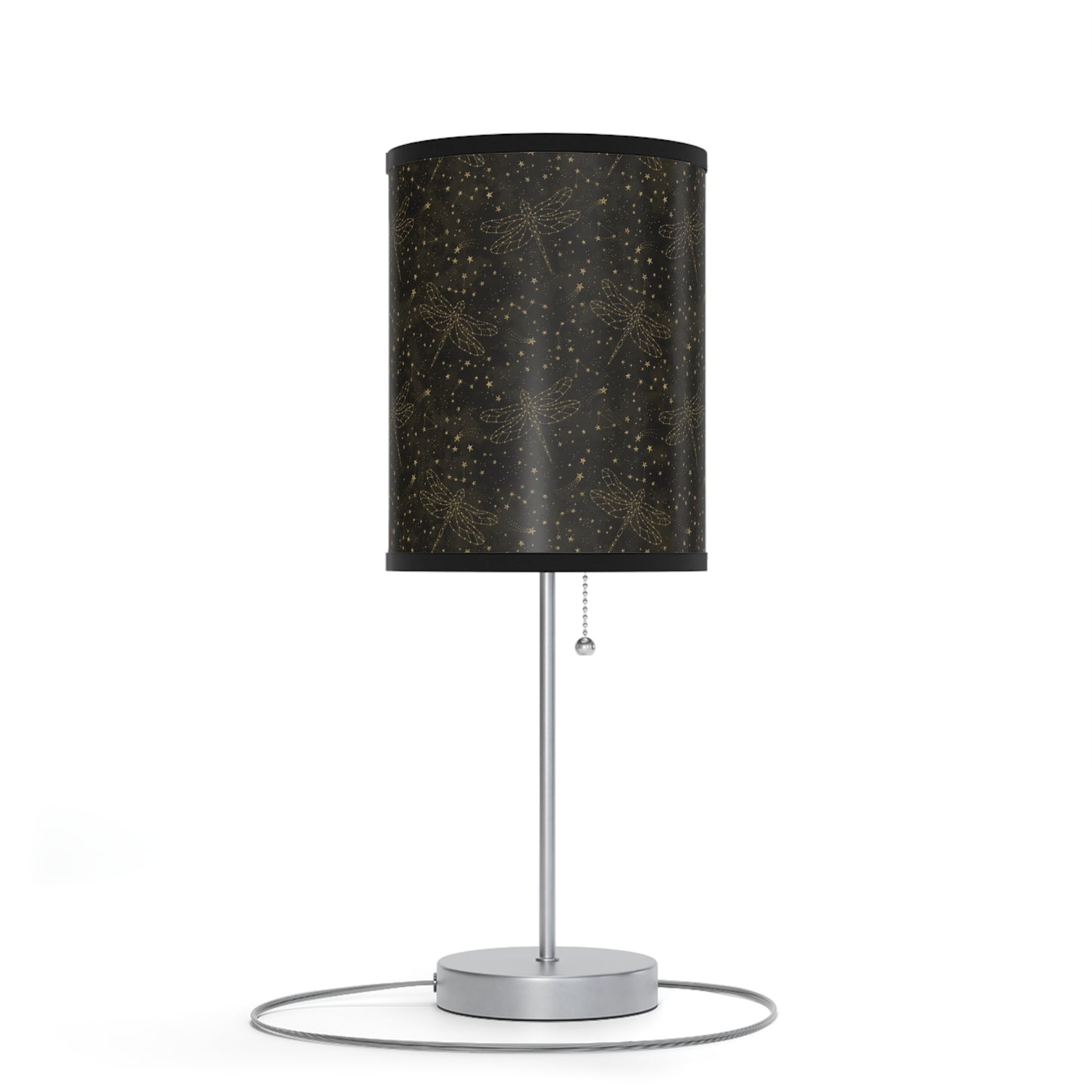 Table Lamp: Silver W/Black Trim; The Sun, The Moon, and The Stars [Gold Sparkle Dragonflies]
