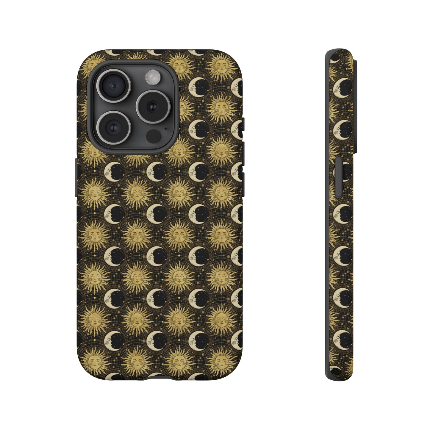 Apple I-Phone 15 (Series) Tough Case-Phone Case:  The Sun, The Moon, And The Stars [Gold Suns, Smiling Moons]
