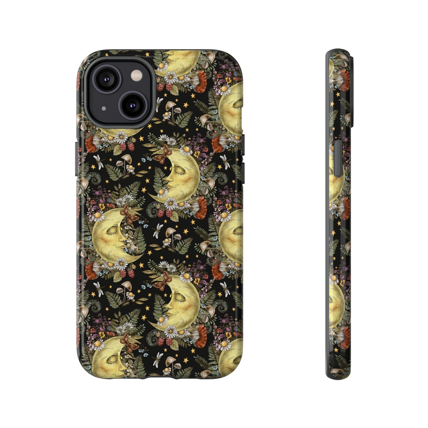 Apple I-Phone 14 Tough Case-Phone Case: The Sun, The Moon, And The Stars [Moon With Flowers]
