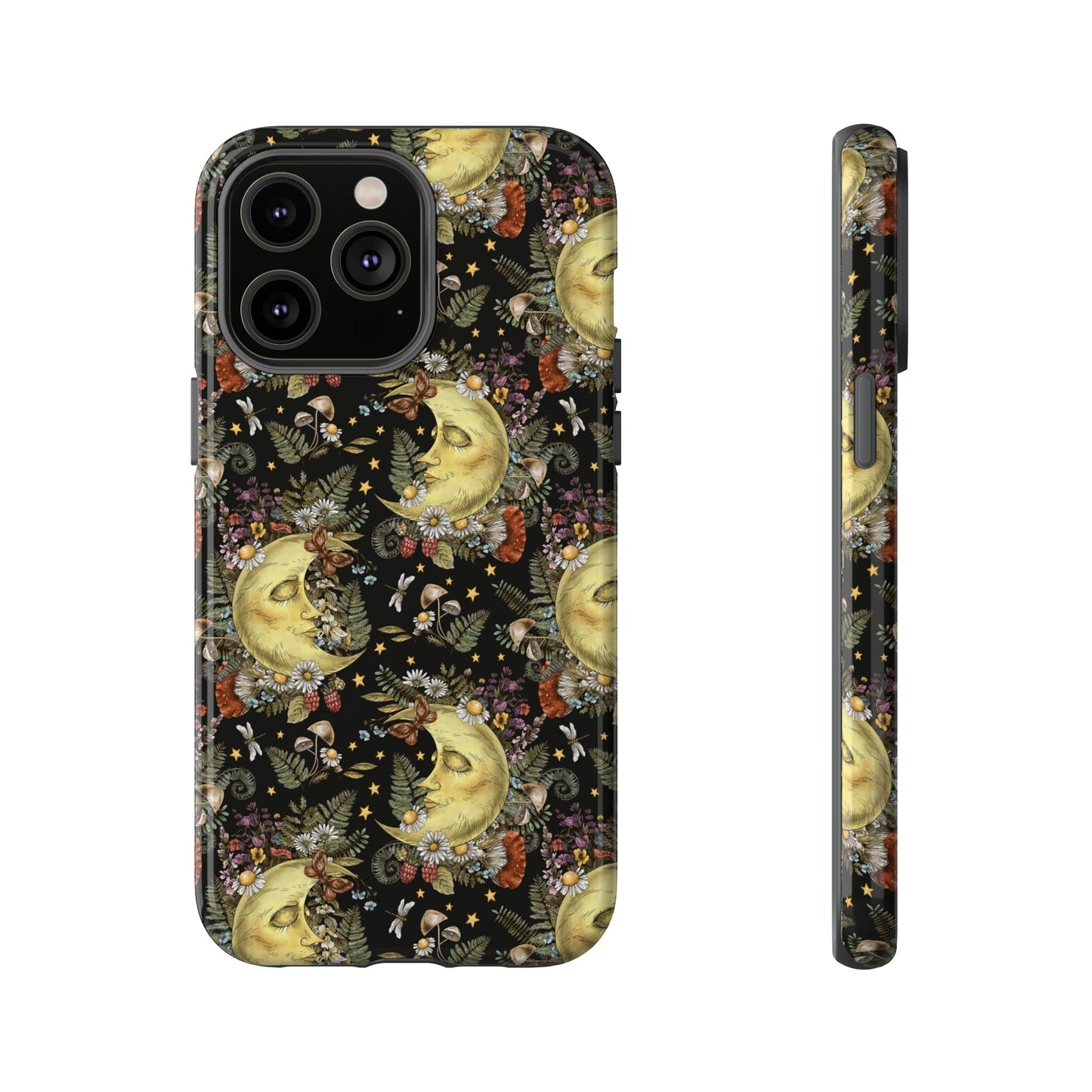 Apple I-Phone 14 Tough Case-Phone Case: The Sun, The Moon, And The Stars [Moon With Flowers]