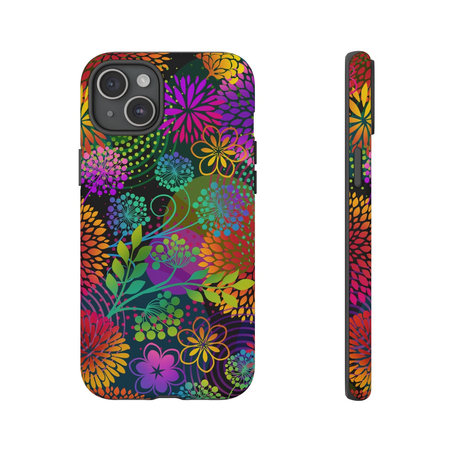 Apple I-Phone 15 Tough Case-Phone Case:  Unusual Garden  [Bright Flowers]