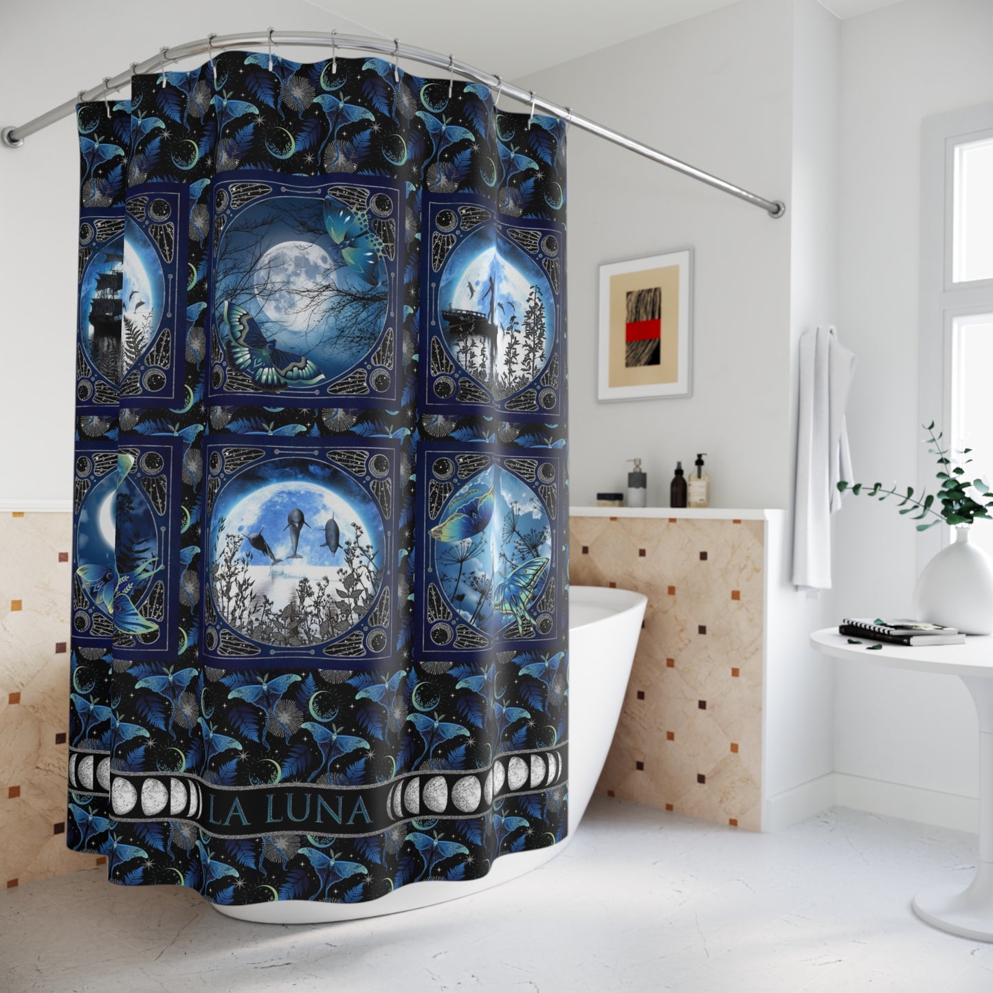 Moon Phases Shower Curtain — Blue Gothic Moonlight Panel Design
