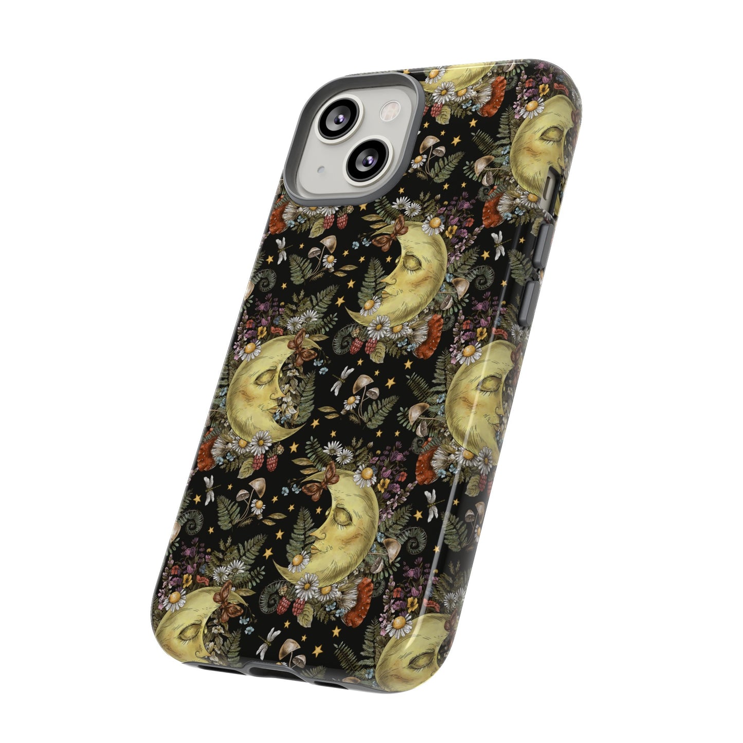 Apple I-Phone 14 Tough Case-Phone Case: The Sun, The Moon, And The Stars [Moon With Flowers]