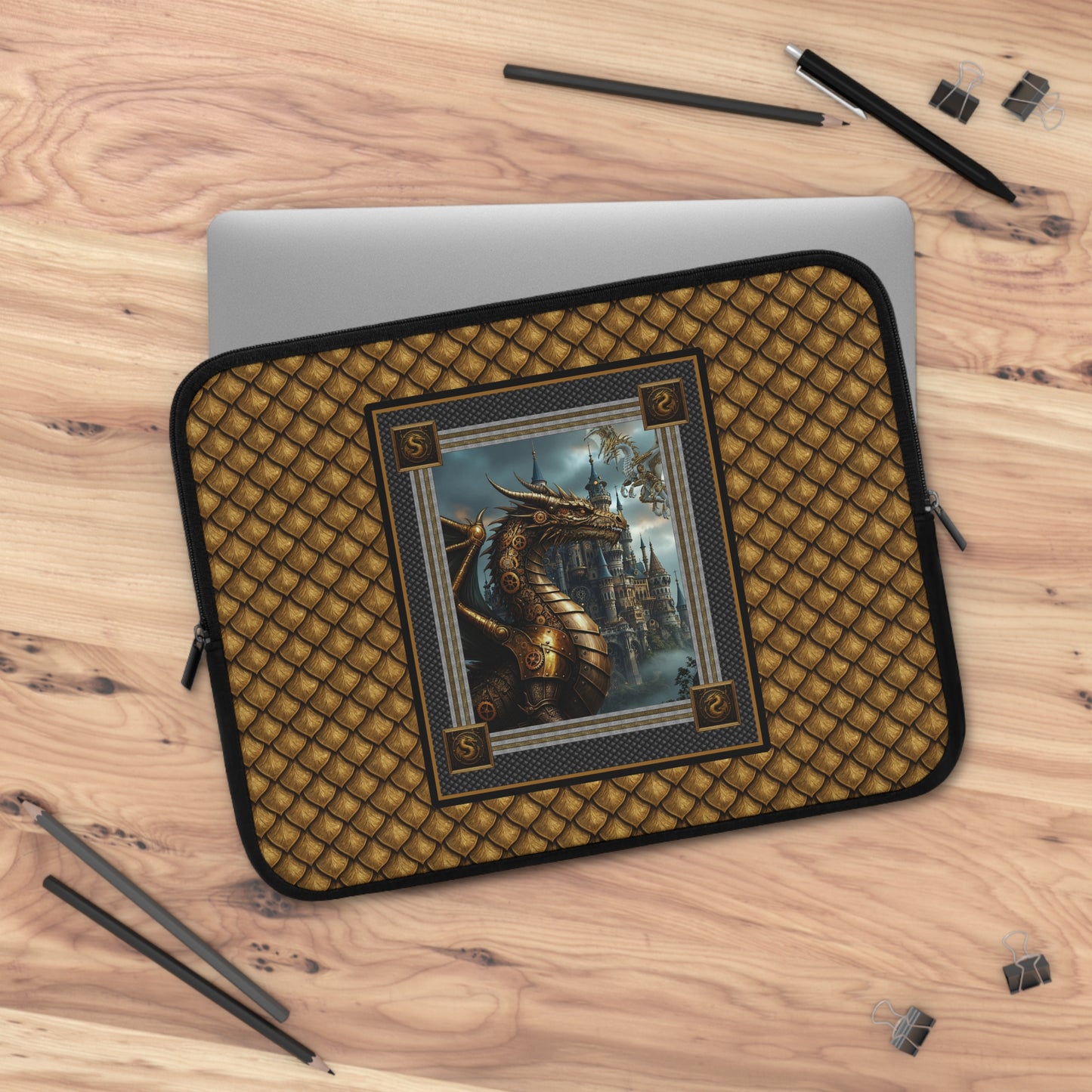 Laptop Sleeve (Sizes:  13", 15", 17"):  Steampunk Dragons [Dragon Panel - Gold Scales]