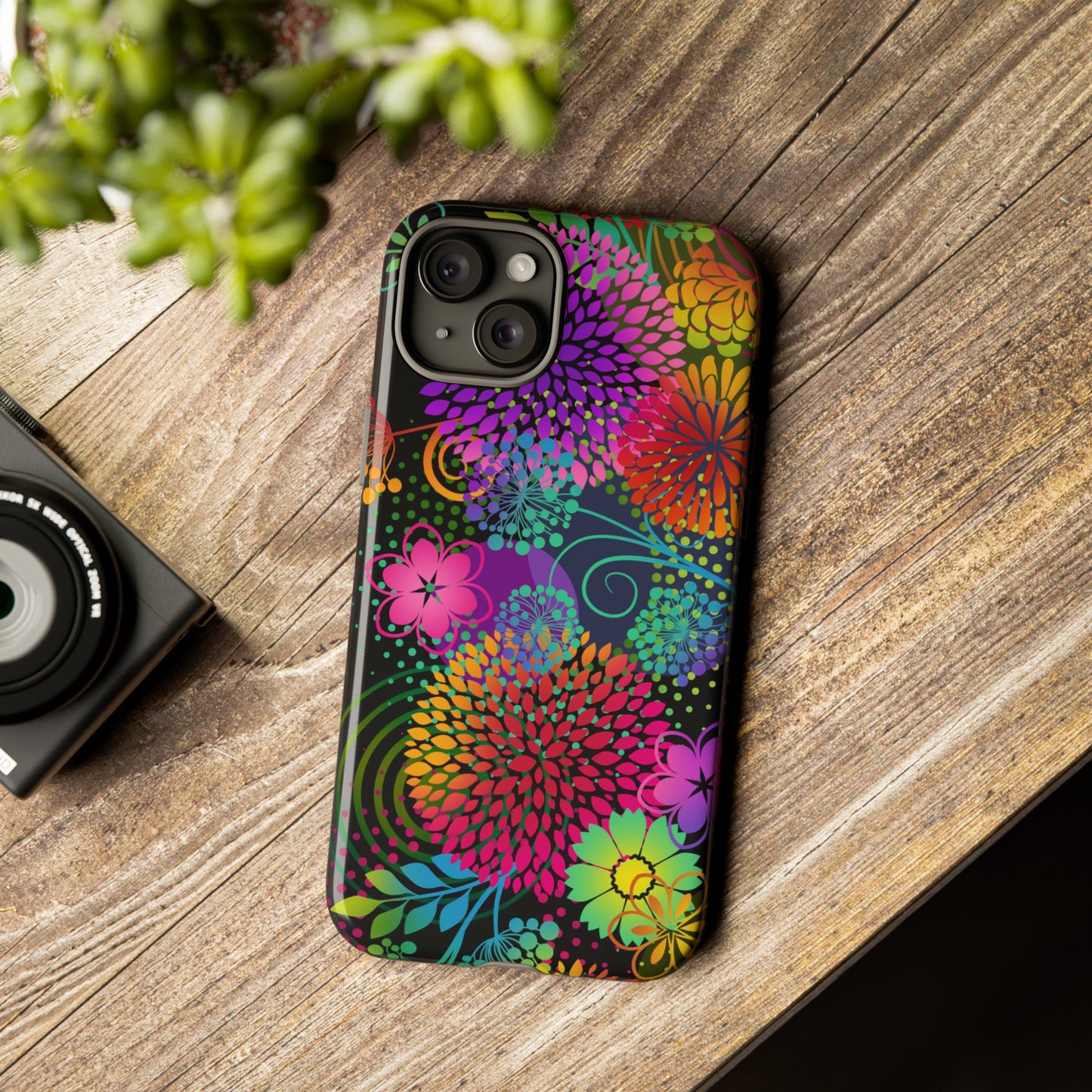 Apple I-Phone 15 Tough Case-Phone Case:  Unusual Garden [Bright Flowers Border]