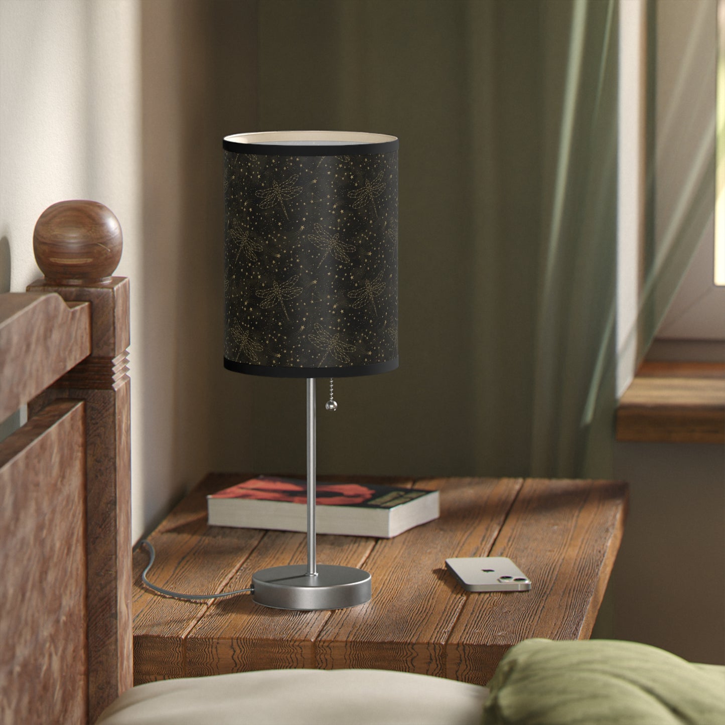 Table Lamp: Silver W/Black Trim; The Sun, The Moon, and The Stars [Gold Sparkle Dragonflies]