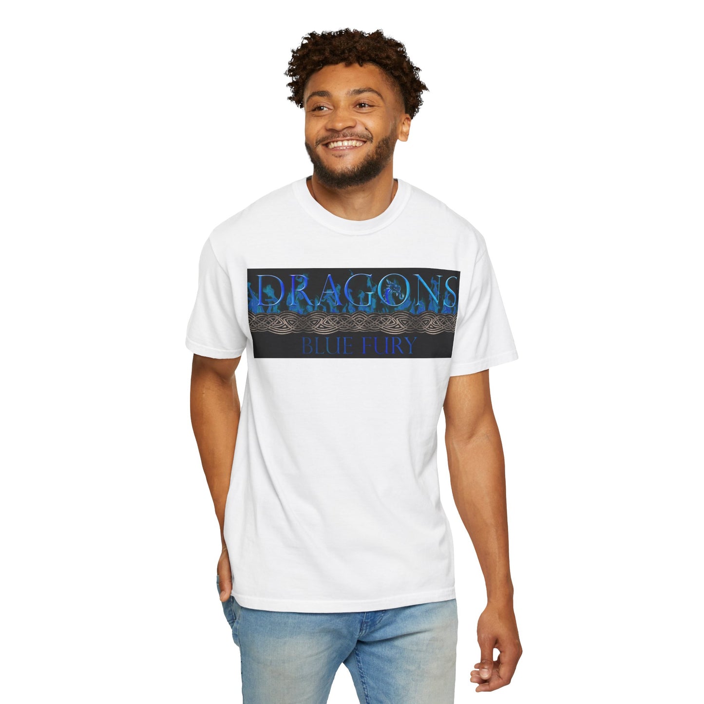 Unisex Heavy Cotton Tee:  "Dragons" [Blue Fury-Banner/Panel]