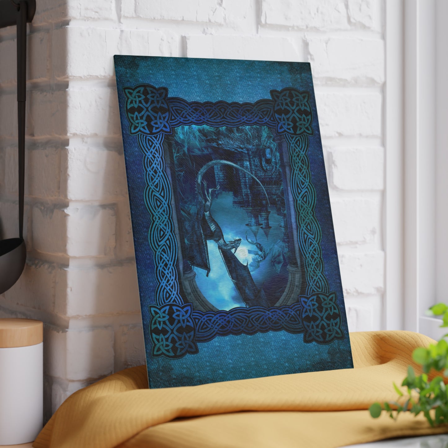 Glass Cutting Board:  "Dragons" [Blue Panel]