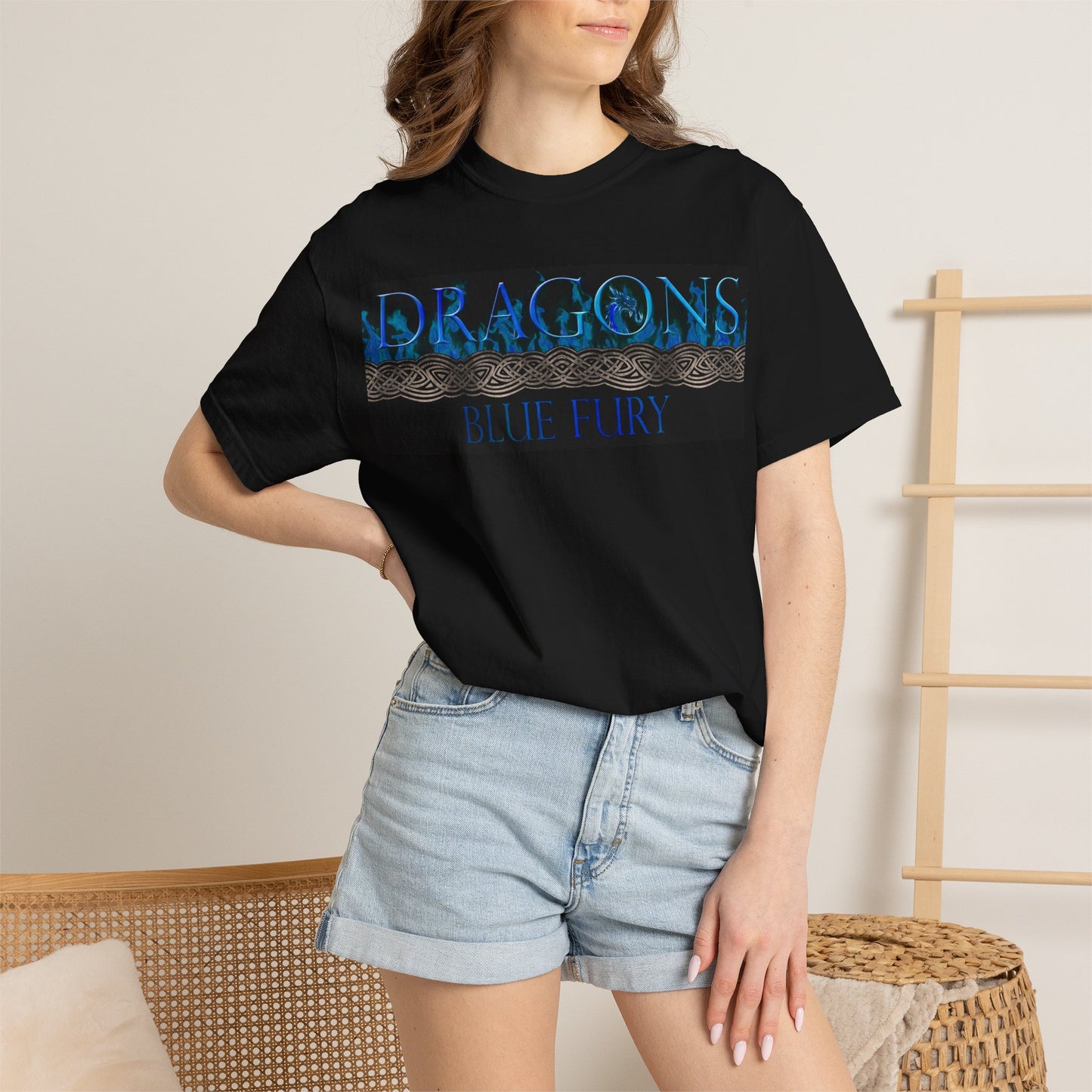 Garment Dyed Oversized T-Shirt (6-Sizes):  "Blue Dragons" [Border and Panel]