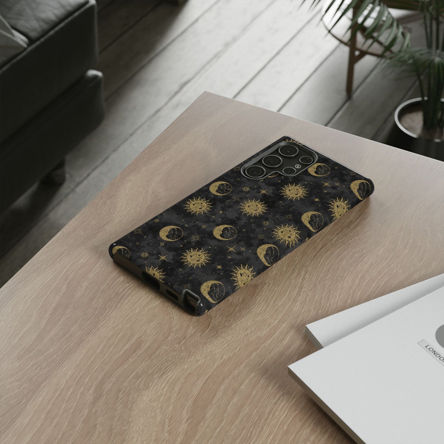 Samsung Galaxy S22 - Tough Case-Phone Case:  Sun, Moon, Stars [Gold Moon, Gold Suns]